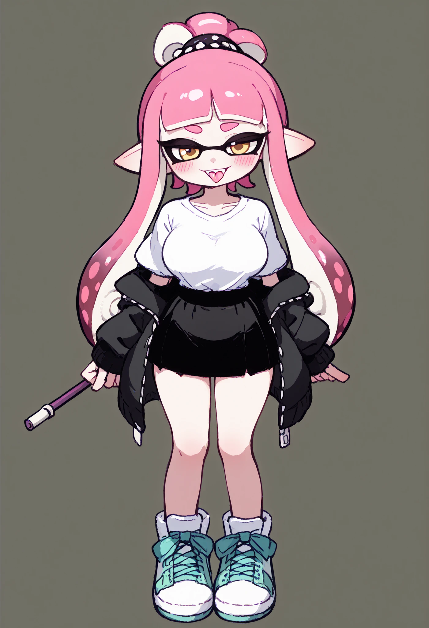 nsfw、masterpiece、high resolution、Highest Quality、Slightly strong contrast、Realistic、deformed、((1 Cute Splatoon Girl、Inkling))、Full Body、detailed face、beautiful faces、Big, Cute Eyes、beautiful eyes、Black Sclera、golden eyes、long lashes、plump lips、Rouge、Blush、Slightly Open Smile、stick out your tongue a little、long tentacle hair 、GOLDEN AND PINK HAIR 、Ponytail、very big breasts、cleavage:2.5、Open Front Clothes、Exposing Mini-Sized Clothes、Exposing Clothes、thin waist、buttock、Low Rise Micro Mini Skirt、sexyなダイナミックポーズ、✌️、sexy、Thick-Soled Sneakers、slutty_clothes