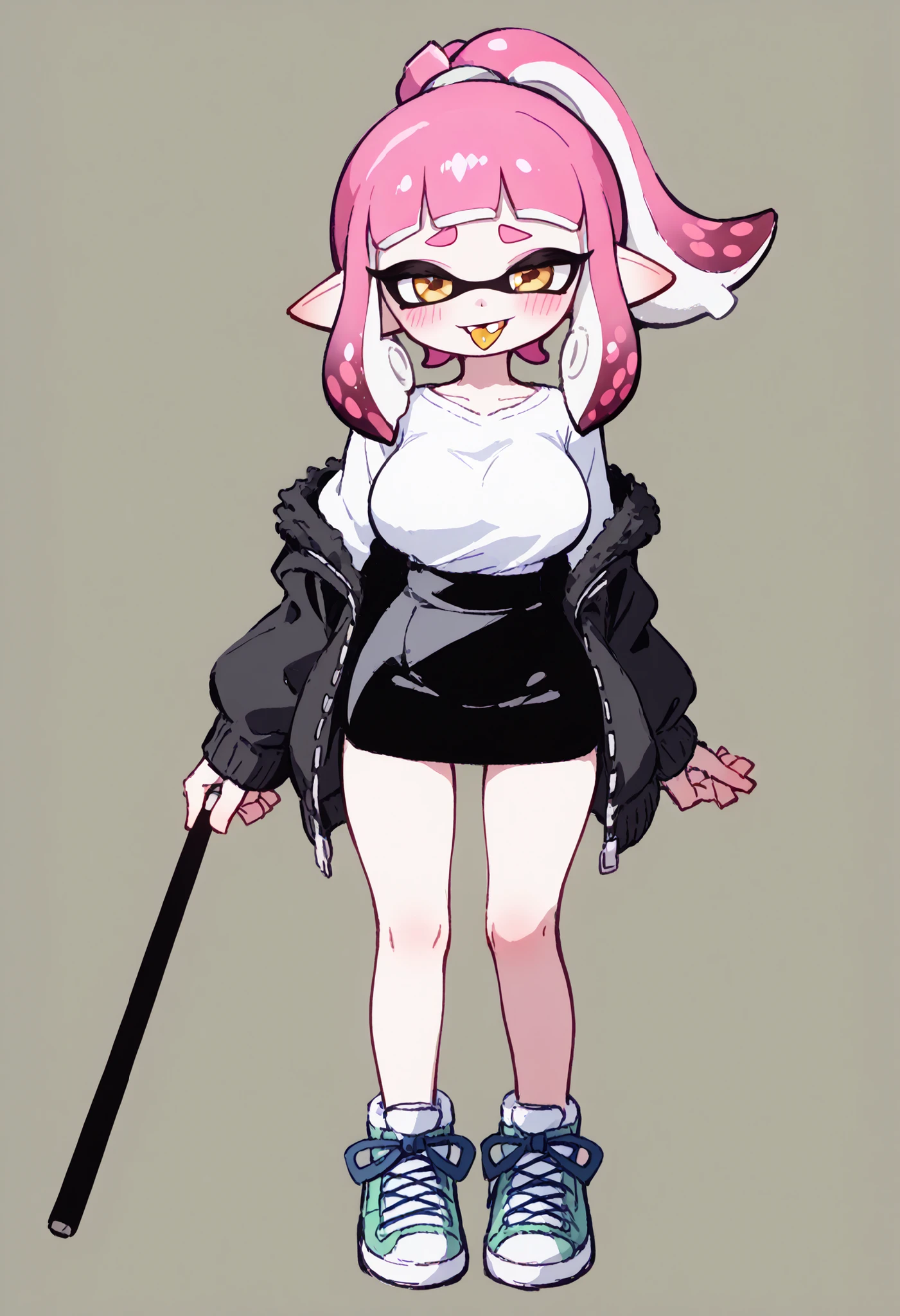 nsfw、masterpiece、high resolution、Highest Quality、Slightly strong contrast、Realistic、deformed、((1 Cute Splatoon Girl、Inkling))、Full Body、detailed face、beautiful faces、Big, Cute Eyes、beautiful eyes、Black Sclera、golden eyes、long lashes、plump lips、Rouge、Blush、Slightly Open Smile、stick out your tongue a little、long tentacle hair 、GOLDEN AND PINK HAIR 、Ponytail、very big breasts、cleavage:2.5、Open Front Clothes、Exposing Mini-Sized Clothes、Exposing Clothes、thin waist、buttock、Low Rise Micro Mini Skirt、sexyなダイナミックポーズ、✌️、sexy、Thick-Soled Sneakers、slutty_clothes