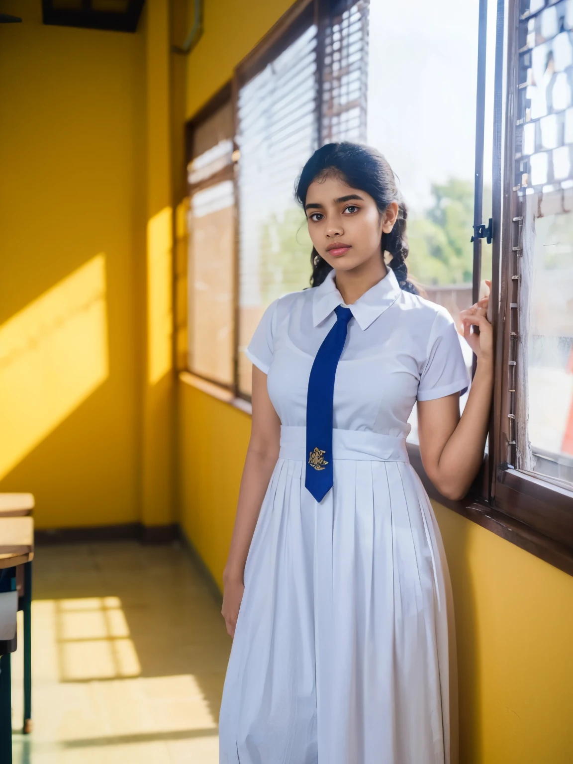 Sri Lanka girl , medium breasts, standing in the classroom,detailed white frock, color tie, , cinematic lighting, hyperrealistic, photorealistic, 8k, masterpiece, warm colors, natural lighting,