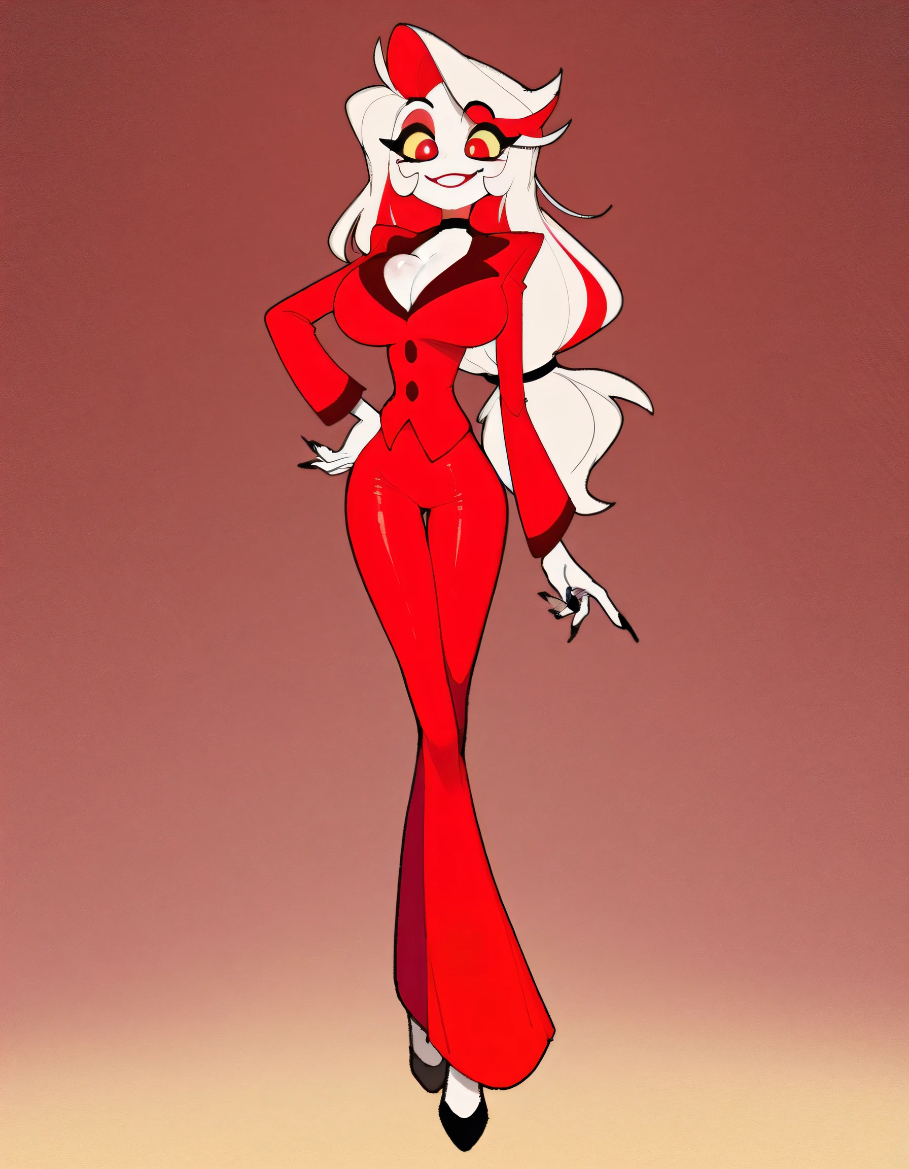 masterpiece, ultra-HD, impressionism, high detail, best quality, very aesthetic, 8k, best quality, beautiful, tmchng , Charlie Morningstar (hazbin hotel) solo , skinny boy , Red Suit , long pants , tight clothes , flared pants , pure skin , red eyes, black nails, long hair , yellow sclera , big breast , smile , hand no hip , long legs , full body