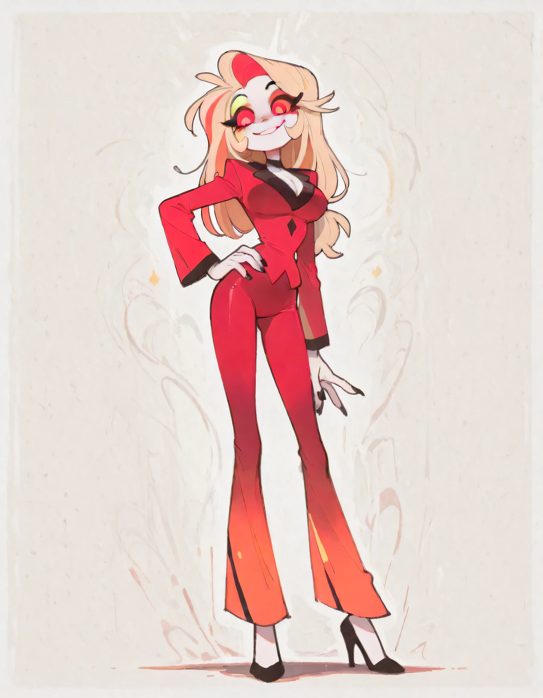 masterpiece, ultra-HD, impressionism, high detail, best quality, very aesthetic, 8k, best quality, beautiful, tmchng , Charlie Morningstar (hazbin hotel) solo , skinny boy , Red Suit , long pants , tight clothes , flared pants , pure skin , red eyes, black nails, long hair , yellow sclera , big breast , smile , hand no hip , long legs , full body