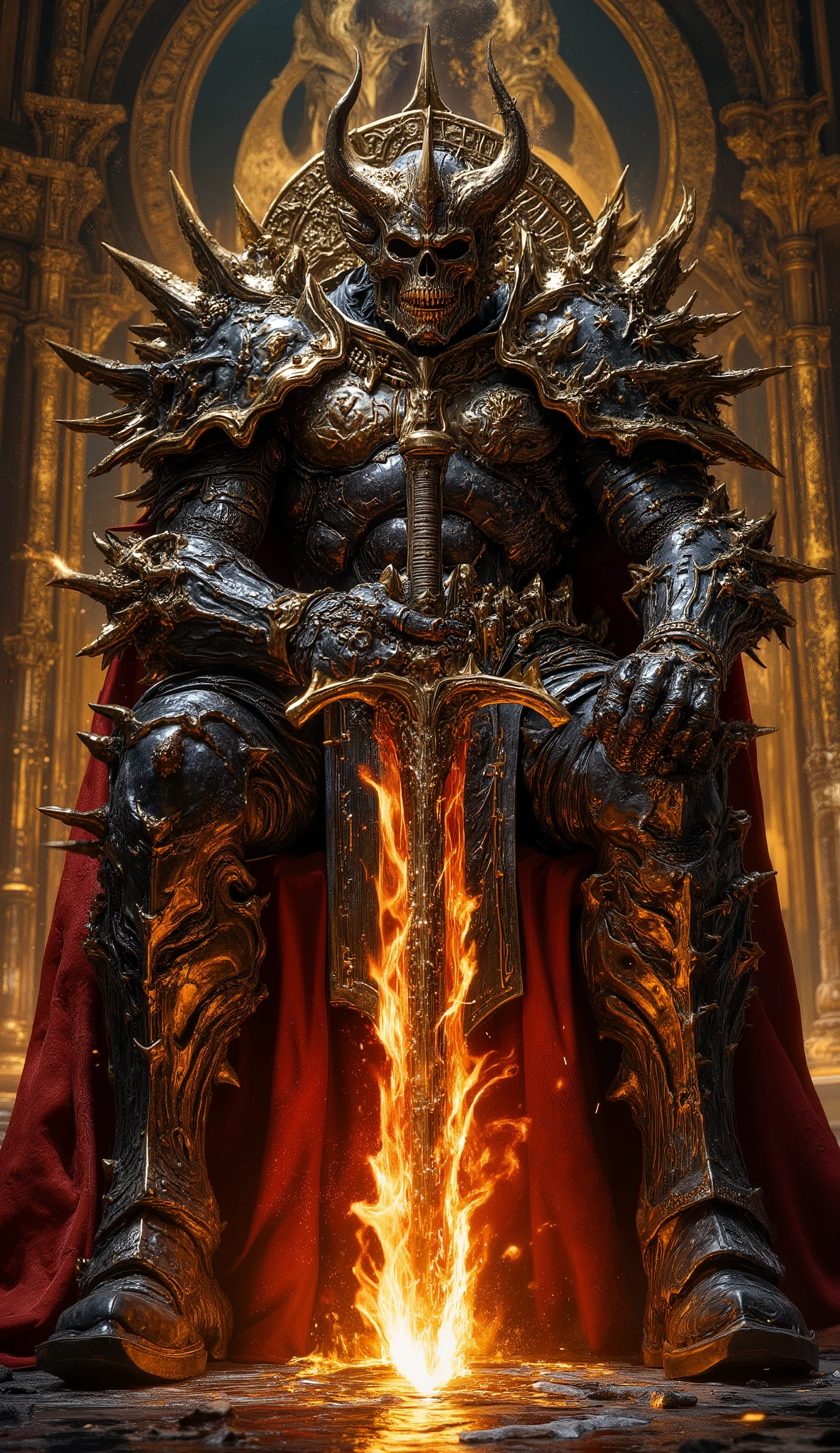front view camera. immense warrior wearing heavy prickly black armor with gold details, a skull-shaped black helmet with a golden crown and red cape , is wielding a long flaming sword with a wide blade as large as he . seated on a bone throne in a hyper realistic golden hall .