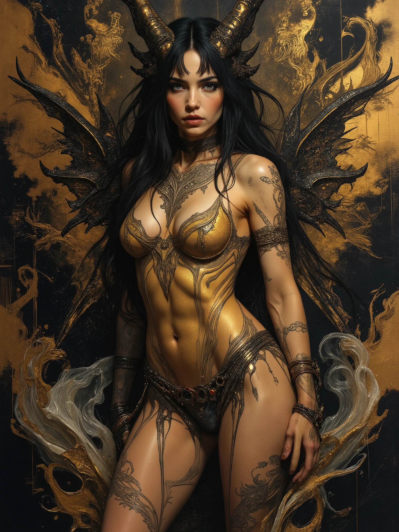 I want to create a tableau dedicated to portraying Lilith, queen of demons, first wife of Adam, first succubus. masterpiece. best quality. Full body shot, Aesthetic pose, artistic background abstract, infernal. Hellscspe in vivid dark brown and white colors, perfect anatomy, light brown skin, blue and brown hair and radiant malevolent eyes, see thru gold shift covers her large bosom and waist, beautiful cinematic impressionistic painting, dark dramatic character, tattoos of demonic script all over body, sinister beauty, shapely tall figure, curvy lush body, young looking 20 year old demon queen dark circles under eyes, surrounded by white flames that protect her,vein the style of jeremy mann and charles dana gibson, mark demsteader, paul hedleyw