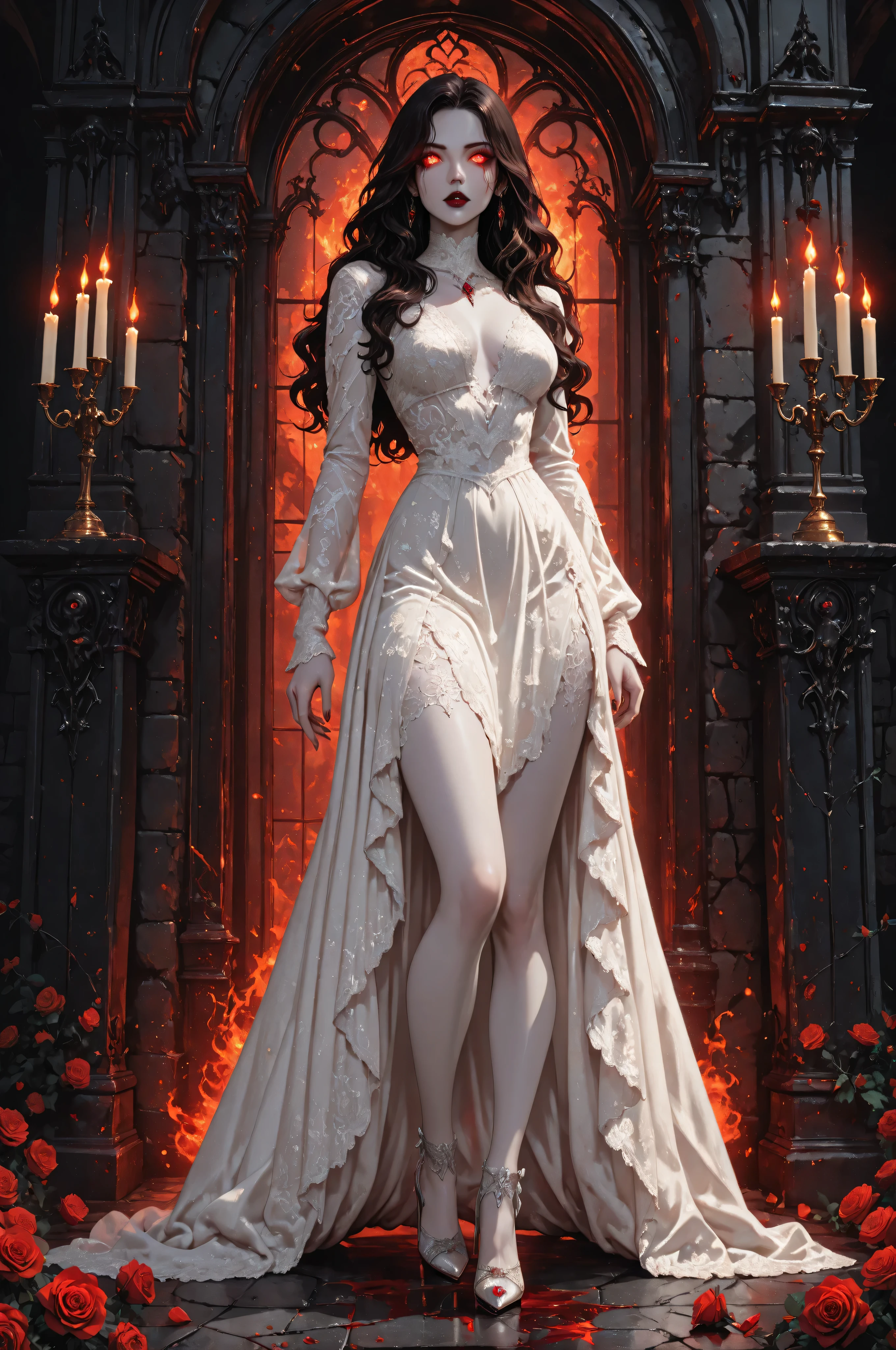 Dark anime fantasy art, goth art, a picture of a female vampire, exquisite beauty, full body shot, dark glamour shot, pale white skin, dark blond hair, long hair, wavy hair, dark red lips, glowing eyes, she wears a white and red lace dress, red roses are on the dress, exquisite, beautiful, half sheer dress, ((white lace)) dress, there are blood stains on the dress,  red roses, high heels, dark castle, lit by candles, high details, best quality, 16k, ultra detailed, masterpiece, best quality, (extremely detailed), full body, (ultra details, Masterpiece, best quality), realistic art, red fire perfect face, perfect body, glowing, ember