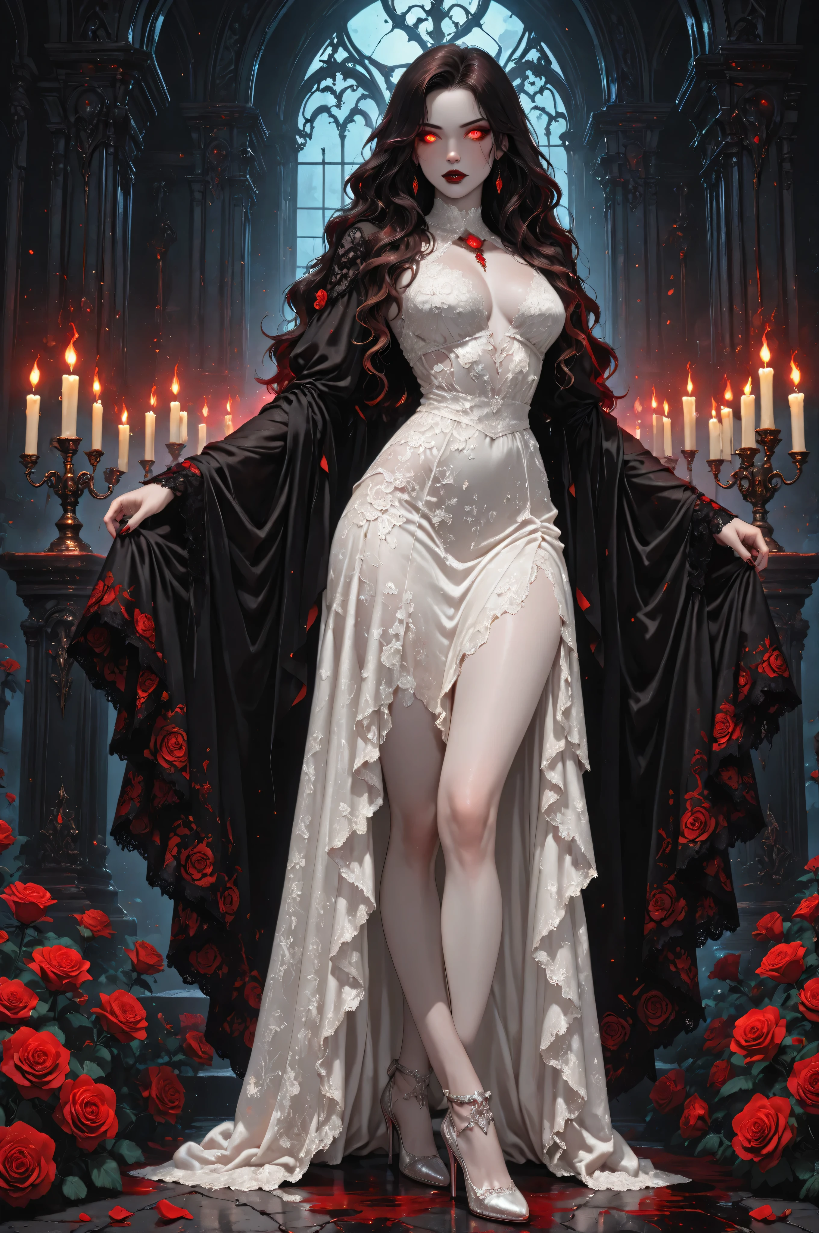 Dark anime fantasy art, goth art, a picture of a female vampire, exquisite beauty, full body shot, dark glamour shot, pale white skin, dark blond hair, long hair, wavy hair, dark red lips, glowing eyes, she wears a white and red lace dress, red roses are on the dress, exquisite, beautiful, half sheer dress, ((white lace)) dress, there are blood stains on the dress, red roses, high heels, dark castle, lit by candles, high details, best quality, 16k, ultra detailed, masterpiece, best quality, (extremely detailed), full body, (ultra details, Masterpiece, best quality), realistic art, red fire perfect face, perfect body, glowing, ember