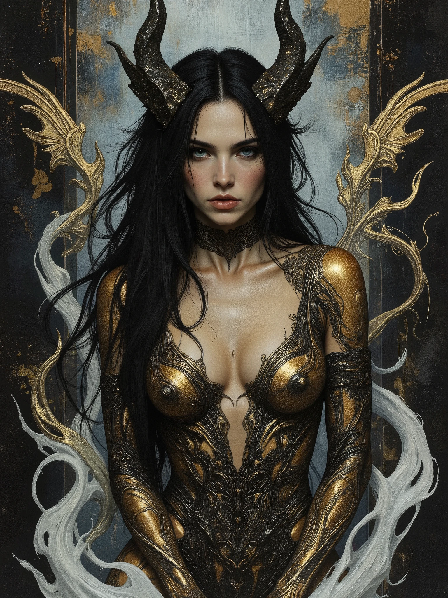 I want to create a tableau dedicated to portraying Lilith, queen of demons, first wife of Adam, first succubus. masterpiece. best quality. Full body shot, Aesthetic pose, artistic background abstract, infernal. Hellscspe in vivid dark brown and white colors, perfect anatomy, light brown skin, blue and brown hair and radiant malevolent eyes, see thru gold shift covers her large bosom and waist, beautiful cinematic impressionistic painting, dark dramatic character, tattoos of demonic script all over body, sinister beauty, shapely tall figure, curvy lush body, young looking 20 year old demon queen dark circles under eyes, surrounded by white flames that protect her,vein the style of jeremy mann and charles dana gibson, mark demsteader, paul hedleyw