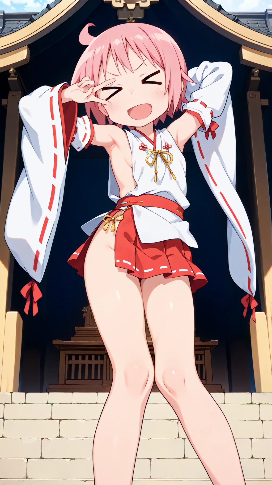 nonohara yuzuko, pink hair, short hair, ahoge,,bangs,nsfw,((anime style)),score_9, score_8_up, score_7_up, source_anime,,1girl, ((miko)),  (((((mini slit red skirt))))),, Exposed thighs ,Obi knot, (flat chest) , ((side boob)) , (No panties) ,  ,(Sleeveless white clothes),((exposed shoulders)) ,((detached white sleeves)),(ribbon-trimmed sleeves),(Shrine grounds),v-shaped eyebrows,cute pose,(presenting armpit), (((low angle))),outstretched arm,((contrapposto)),((knees together feet apart)),(v over eye)
,glimpse of her thighs,cute,detailed face , front shot , ((full bady)),(((((> <))))),
