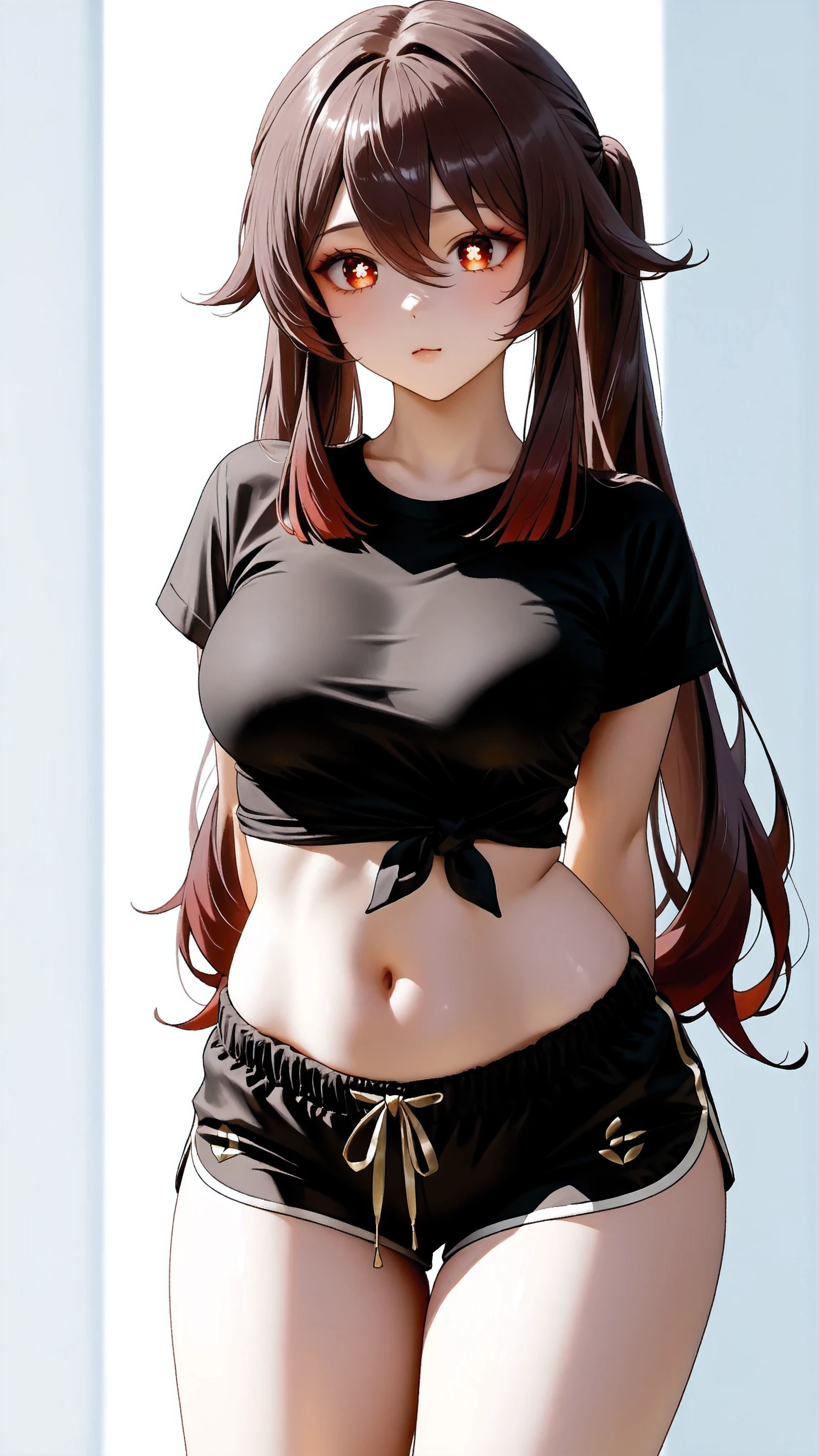 Hu_Tao_(Genshin_Impact), red_eyes, brown_hair, long_hair, twintails, symbol-shaped_pupils, Hu Tao, Genshin Impact, with a white background,intricate_details_xl, masterpiece, extremely detailed, 16k, solo, semi realistic, 1girl, adult ,((fullbody)), 1girl, legs, , arms behind back, housewife, black shorts, black tshirt, navel, soft light, high detailed, best quality, upper body, looking at viewers, front look, hot pose, photography, cowboy shot