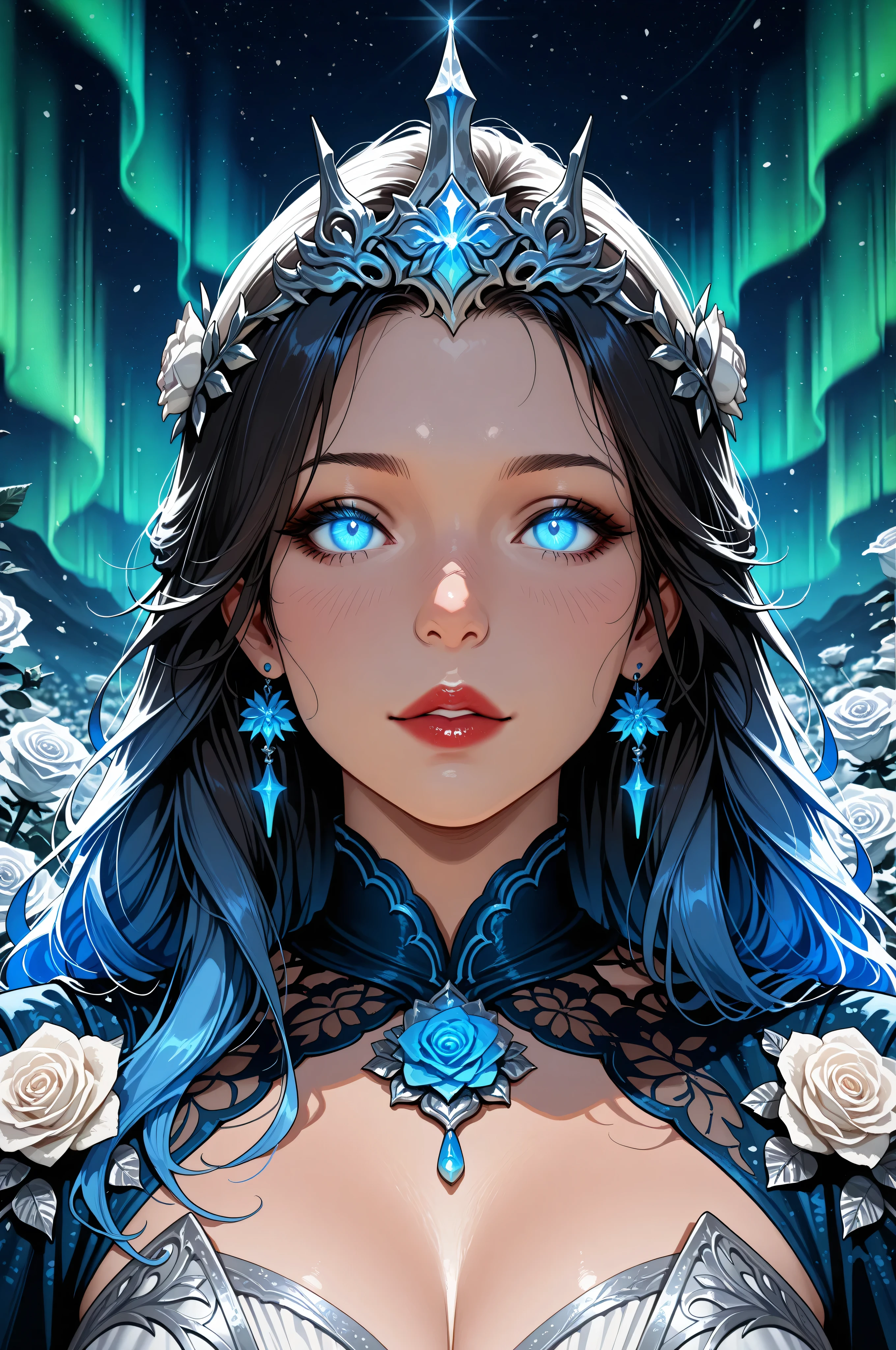 dungeon and dragon ,fantasy,Movie Still,Film Still,Cinematic,Cinematic Shot,Cinematic Lighting,a picture of a goddess of roses, under magical aurora in the night sky, aurora in many shades of blue, green and azure, wearing battle  dress, glamorous dress, (with white rose patterns: 1.2),  royal dress, dynamic hair, bold intense eyes, extremely exquisite beautiful queen, perfect body, mature woman, ultra feminine, ultra detailed face, red lips, azure glowing eyes, there are roses around her, sense  of  might, intense details, highly detailed, photorealistic, best quality, highres,16k, (ultra detailed:1.3(, masterpiece, best quality, (extremely detailed), close up, ultra wide shot, photorealistic, RAW, fantasy art, dnd art, fantasy art, realistic art,((best quality)), ((masterpiece)), (detailed: 1.5), ral