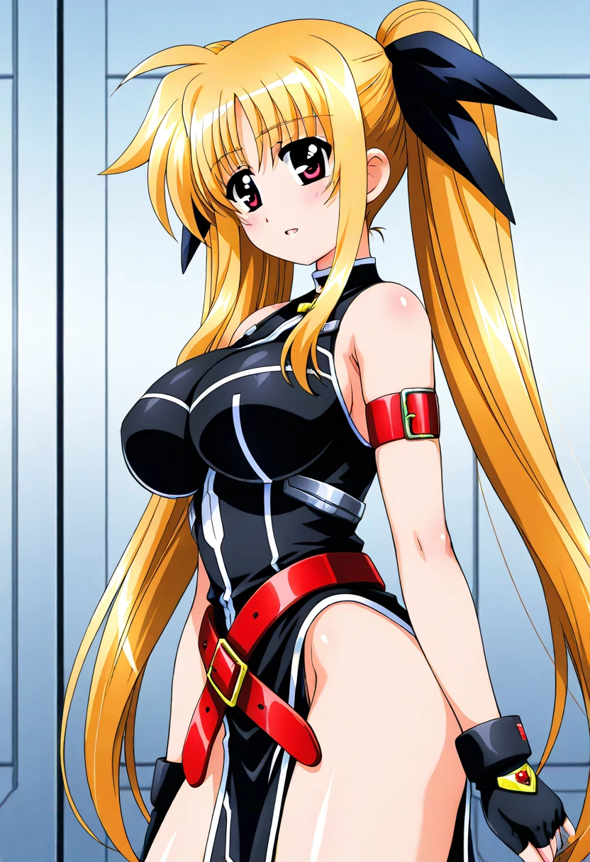 (masutepiece、Best Quality)、Fate Testarossa、1girl in、Open bra、Beautiful eyes、Well-formed face、very large udder、Too big、red ruffled lace bra、red bra shoulder straps、red lace panties、Big and beautiful nipples、Beautiful areola、beauty legs、is standing、Emphasis on the chest、blushed face、Figure-eight eyebrows、Moist eyes、Seduce a man、shame、