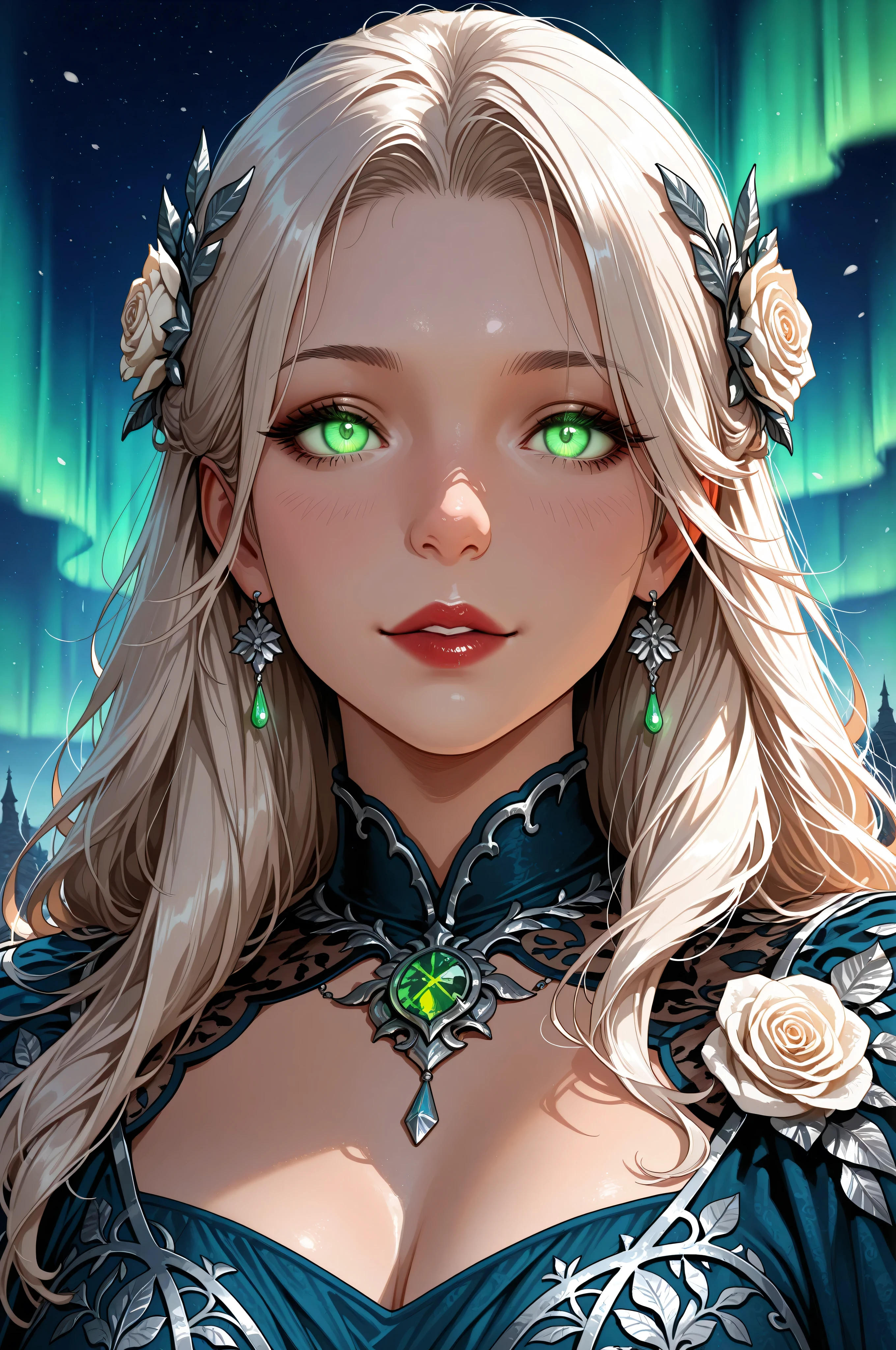 dungeon and dragon ,fantasy,Movie Still,Film Still,Cinematic,Cinematic Shot,Cinematic Lighting,a picture of a goddess of roses, under magical aurora in the night sky, aurora in many shades of blue, green and azure, wearing battle  dress, glamorous dress, (with white rose patterns: 1.2),  royal dress, bright hair, bold intense eyes, extremely exquisite beautiful queen, perfect body, mature woman, ultra feminine, ultra detailed face, red lips, emerald glowing eyes, there are roses around her, sense  of  might, intense details, highly detailed, photorealistic, best quality, highres,16k, (ultra detailed:1.3(, masterpiece, best quality, (extremely detailed), close up, ultra wide shot, photorealistic, RAW, fantasy art, dnd art, fantasy art, realistic art,((best quality)), ((masterpiece)), (detailed: 1.5), ral