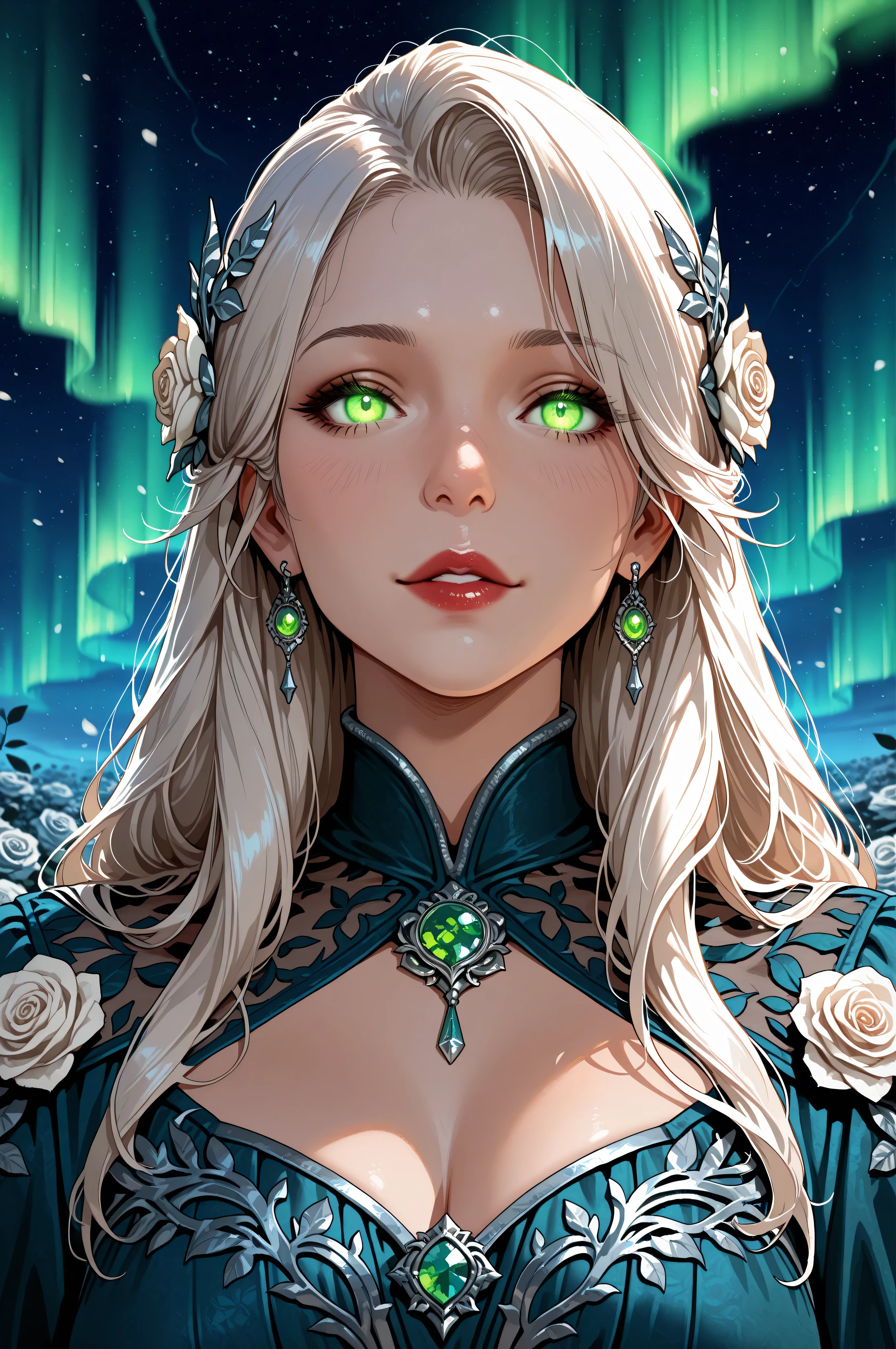 dungeon and dragon ,fantasy,Movie Still,Film Still,Cinematic,Cinematic Shot,Cinematic Lighting,a picture of a goddess of roses, under magical aurora in the night sky, aurora in many shades of blue, green and azure, wearing battle  dress, glamorous dress, (with white rose patterns: 1.2),  royal dress, bright hair, bold intense eyes, extremely exquisite beautiful queen, perfect body, mature woman, ultra feminine, ultra detailed face, red lips, emerald glowing eyes, there are roses around her, sense  of  might, intense details, highly detailed, photorealistic, best quality, highres,16k, (ultra detailed:1.3(, masterpiece, best quality, (extremely detailed), close up, ultra wide shot, photorealistic, RAW, fantasy art, dnd art, fantasy art, realistic art,((best quality)), ((masterpiece)), (detailed: 1.5), ral