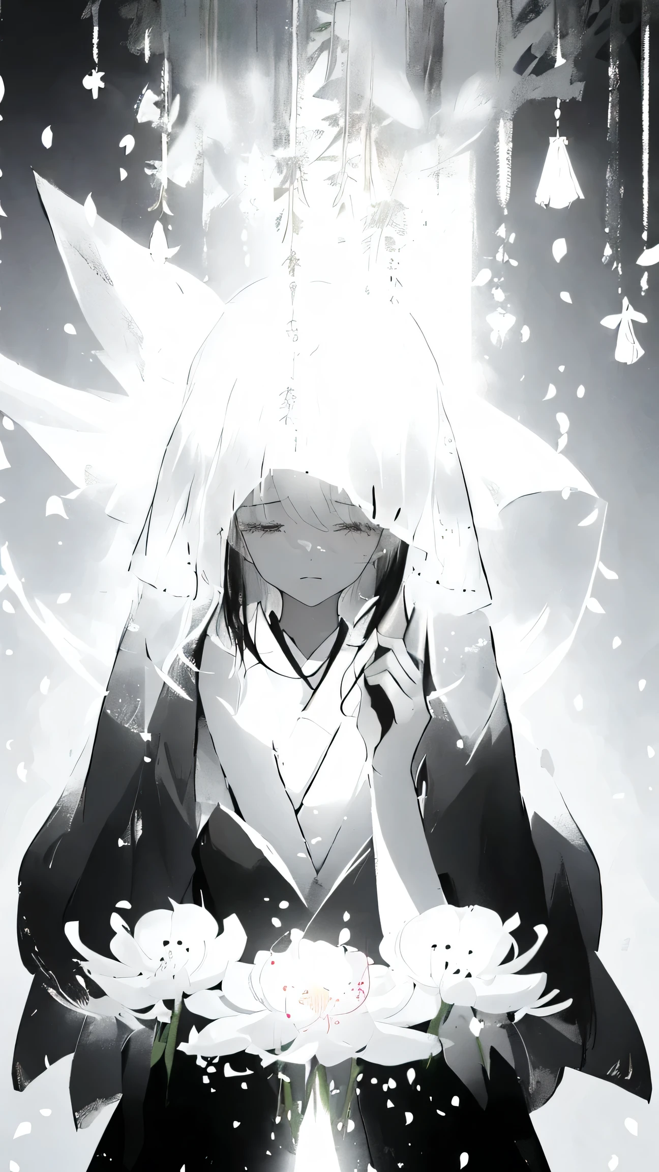 (masterpiece, best quality), 9:16 vertical portrait, 3/4 angle, a young woman wearing a thin translucent flowing veil, soft japanese watercolor illustration, pastel brushwork, muted grayscale outer layer showing quiet sorrow, while beneath the veil a warm luminous inner world begins to bloom, her tears transforming into soft drifting sakura petals, the petals gently overflowing outward like a spring shower of blossoms, symbolizing sorrow dissolving into healing, gentle inner light glowing behind the veil, ethereal atmosphere, soft breeze effect on petals, subtle double-layer emotional contrast, poetic and immersive japanese illustration, dreamlike and intimate