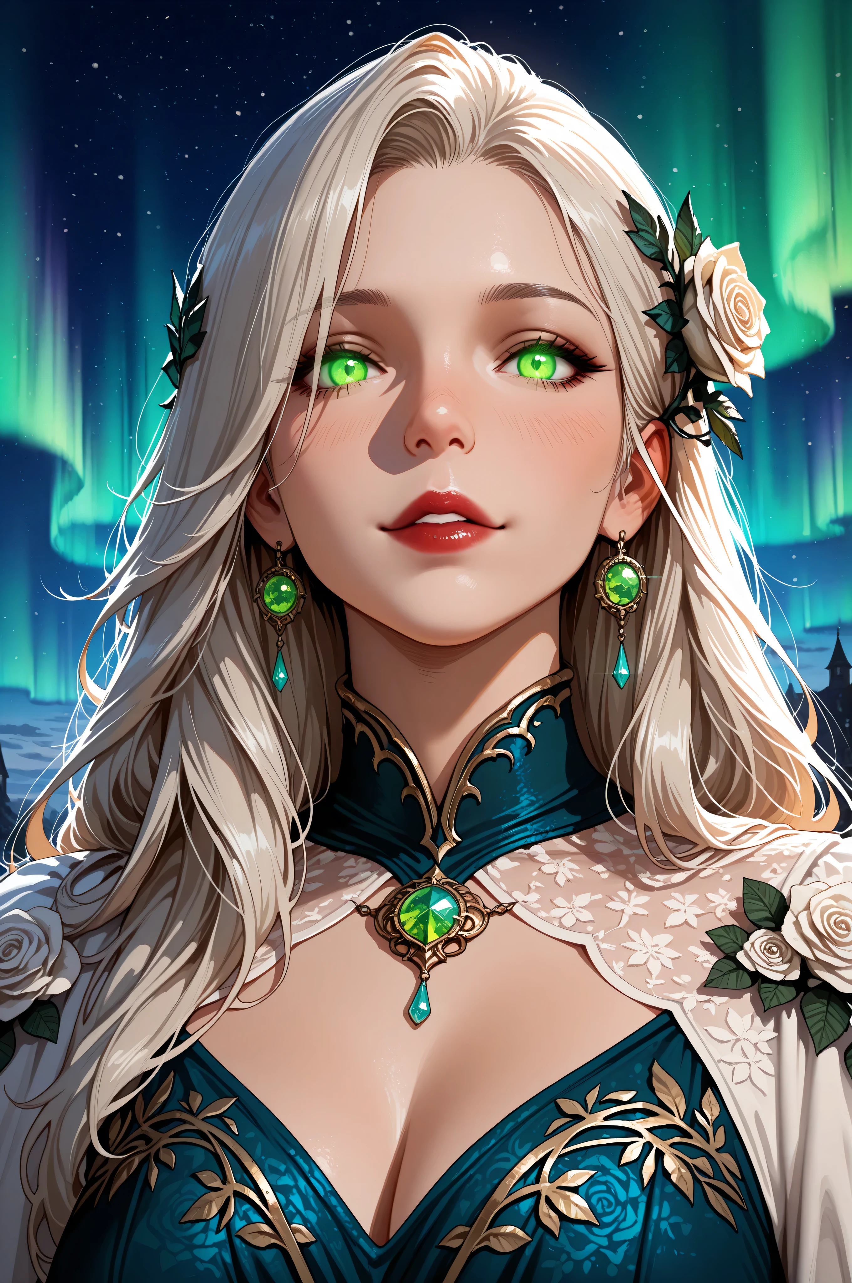 dungeon and dragon ,fantasy,Movie Still,Film Still,Cinematic,Cinematic Shot,Cinematic Lighting,a picture of a goddess of roses, under magical aurora in the night sky, aurora in many shades of blue, green and azure, wearing battle  dress, glamorous dress, (with white rose patterns: 1.2),  royal dress, bright hair, bold intense eyes, extremely exquisite beautiful queen, perfect body, mature woman, ultra feminine, ultra detailed face, red lips, emerald glowing eyes, there are roses around her, sense  of  might, intense details, highly detailed, photorealistic, best quality, highres,16k, (ultra detailed:1.3(, masterpiece, best quality, (extremely detailed), close up, ultra wide shot, photorealistic, RAW, fantasy art, dnd art, fantasy art, realistic art,((best quality)), ((masterpiece)), (detailed: 1.5), ral