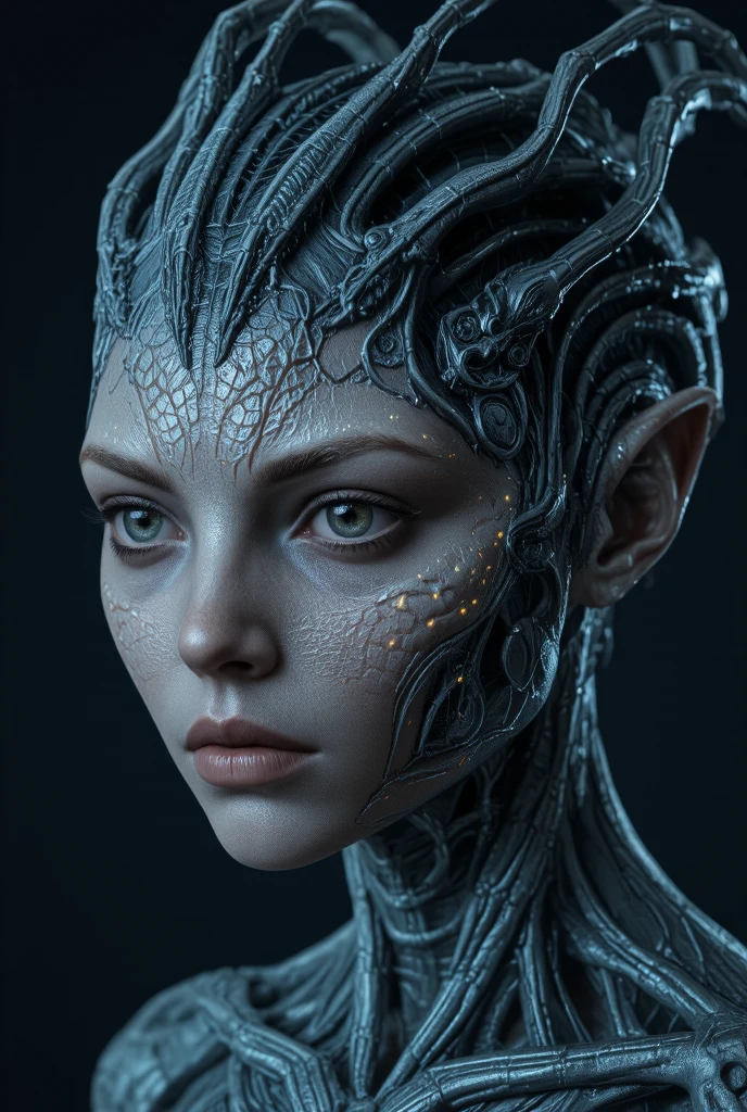 a highly detailed female extraterrestrial alien creature, beautiful alien being,  alien humanoid,  extraterrestrial life form, alien , alien features, alien eyes, alien skin, alien body, alien head, alien limbs, alien digits, alien culture, alien technology, alien spacecraft, sci-fi, futuristic, otherworldly, cinematic lighting, dramatic lighting, atmospheric, intricate details, photorealistic, hyper detailed, 8k, award winning, masterpiece, gold, green