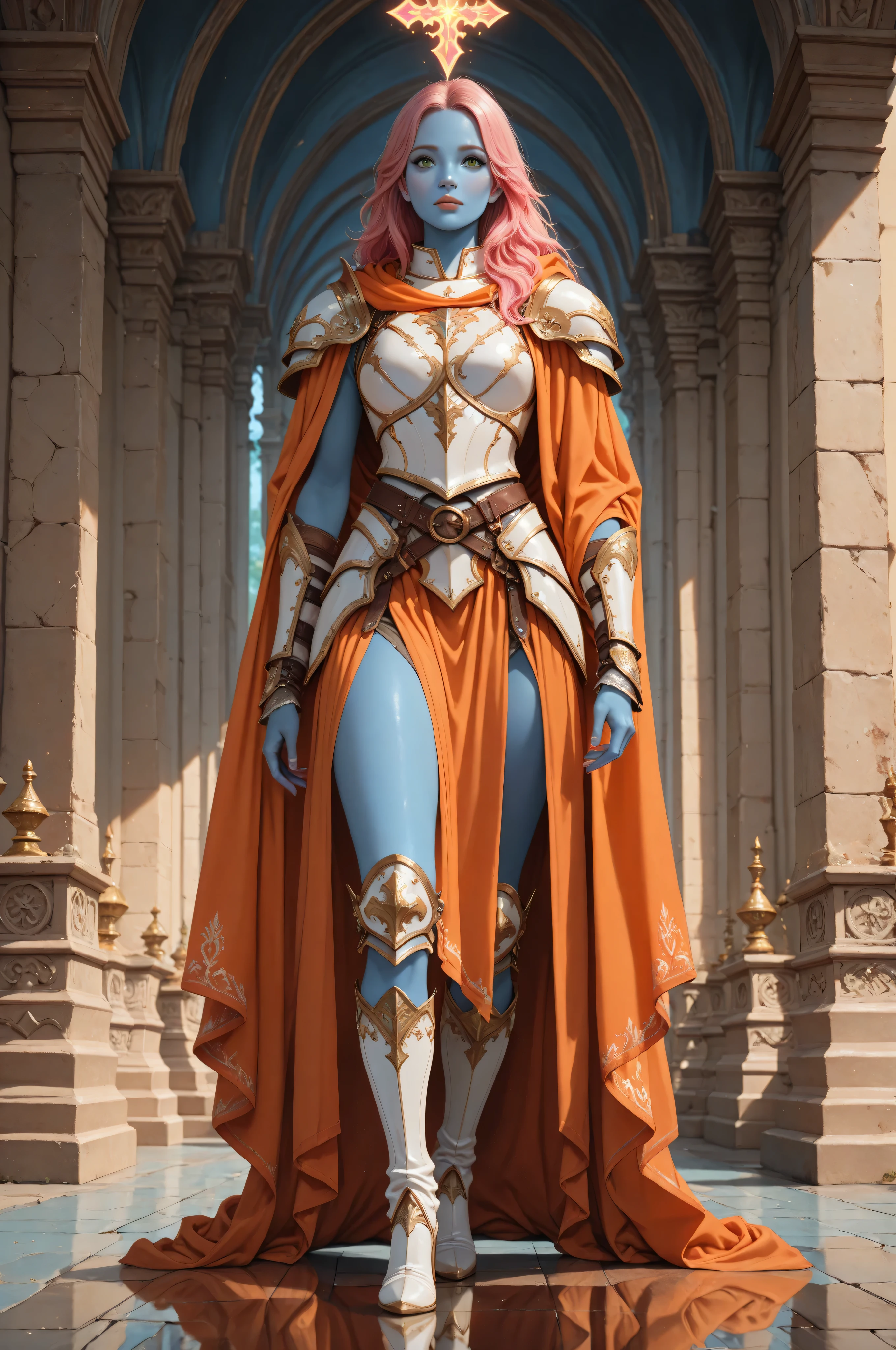 dungeon and dragon ,fantasy,Movie Still,Film Still,Cinematic,Cinematic Shot,Cinematic Lighting,fantasy portrait  art, dnd art, RPG art, wide shot, (masterpiece: 1.4) intense details, highly detailed, photorealistic, best quality, highres, portrait a female (fantasy art, Masterpiece, best quality: 1.3) ((blue skin: 1.5)), intense details facial details, exquisite beauty, (fantasy art, Masterpiece, best quality) cleric, (blue skinned: 1.3) female, (pink hair: 1.3), long hair, ((no ears: 1.5)), (green eyes: 1.3), casting yellow radiant spell, wearing heavy (white armor: 1.3), wearing high heeled boots, wearing an (orange cloak:1.3), wearing glowing holy symbol, within fantasy temple background, reflection light, high details, best quality, 16k, [ultra detailed], masterpiece, best quality, (extremely detailed), close up, ultra wide shot, photorealistic, RAW, fantasy art, dnd art, fantasy art, realistic art,((best quality)), ((masterpiece)), (detailed), perfect face, 