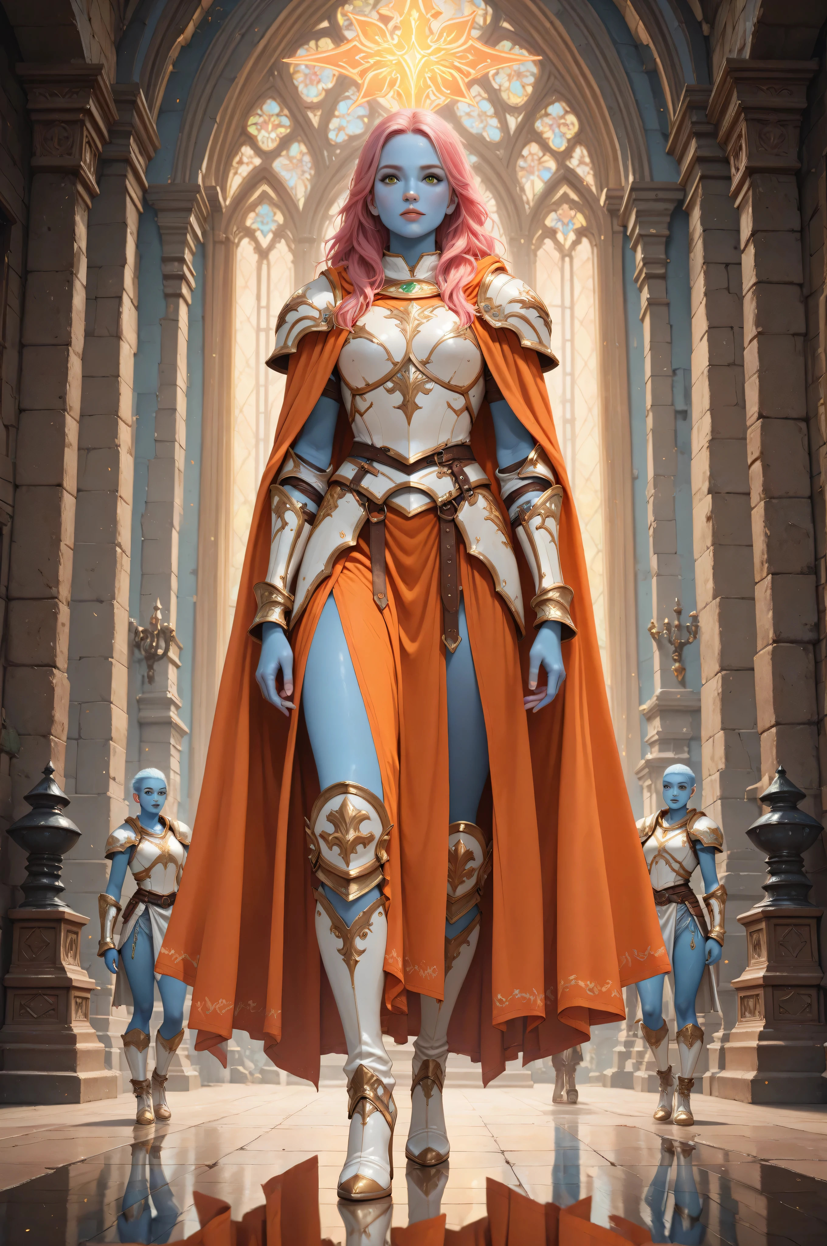 dungeon and dragon ,fantasy,Movie Still,Film Still,Cinematic,Cinematic Shot,Cinematic Lighting,fantasy portrait  art, dnd art, RPG art, wide shot, (masterpiece: 1.4) intense details, highly detailed, photorealistic, best quality, highres, portrait a female (fantasy art, Masterpiece, best quality: 1.3) ((blue skin: 1.5)), intense details facial details, exquisite beauty, (fantasy art, Masterpiece, best quality) cleric, (blue skinned: 1.3) female, (pink hair: 1.3), long hair, ((no ears: 1.5)), (green eyes: 1.3), casting yellow radiant spell, wearing heavy (white armor: 1.3), wearing high heeled boots, wearing an (orange cloak:1.3), wearing glowing holy symbol, within fantasy temple background, reflection light, high details, best quality, 16k, [ultra detailed], masterpiece, best quality, (extremely detailed), close up, ultra wide shot, photorealistic, RAW, fantasy art, dnd art, fantasy art, realistic art,((best quality)), ((masterpiece)), (detailed), perfect face, 