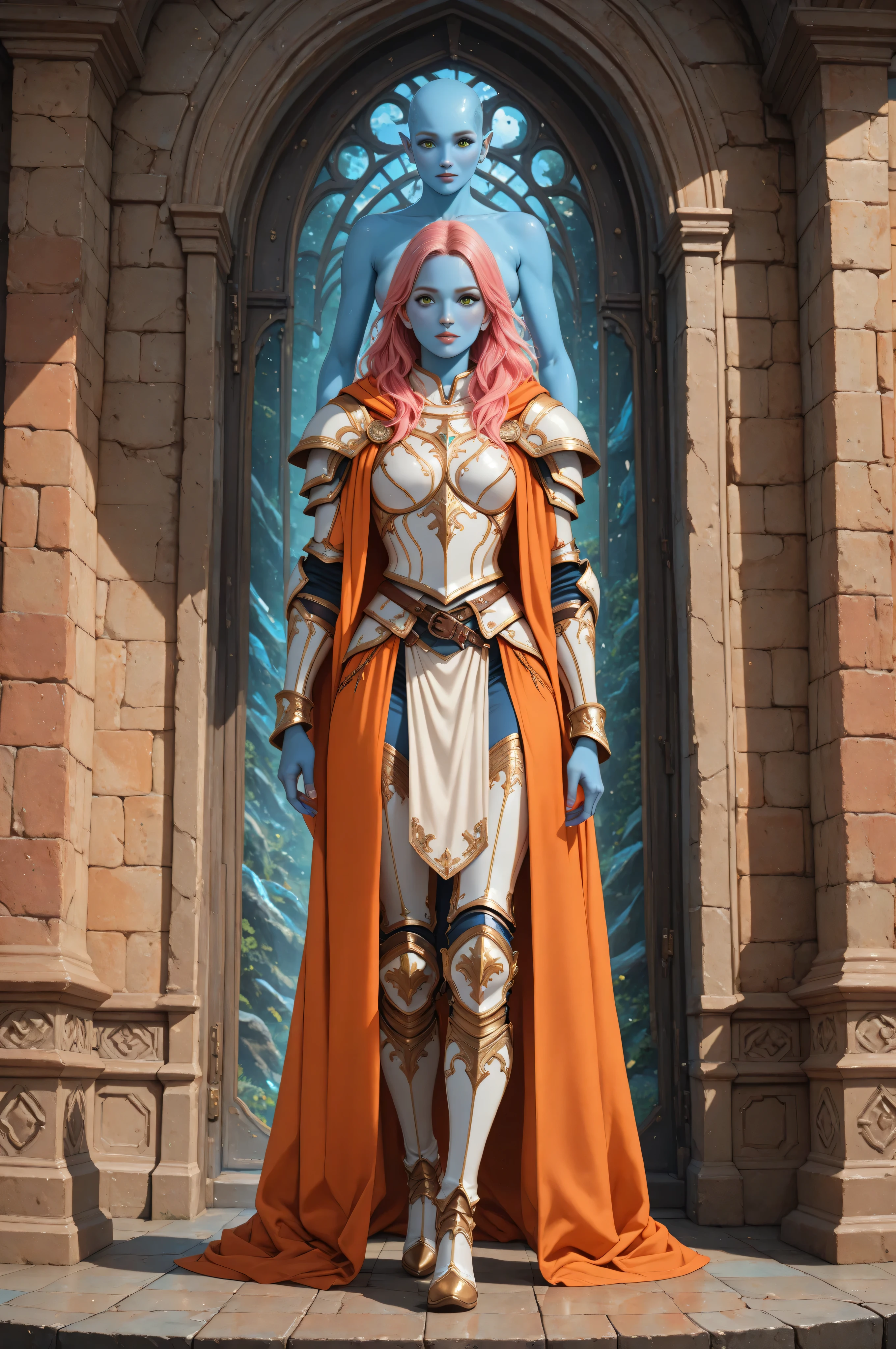 dungeon and dragon ,fantasy,Movie Still,Film Still,Cinematic,Cinematic Shot,Cinematic Lighting,fantasy portrait  art, dnd art, RPG art, wide shot, (masterpiece: 1.4) intense details, highly detailed, photorealistic, best quality, highres, portrait a female (fantasy art, Masterpiece, best quality: 1.3) ((blue skin: 1.5)), intense details facial details, exquisite beauty, (fantasy art, Masterpiece, best quality) cleric, (blue skinned: 1.3) female, (pink hair: 1.3), long hair, ((no ears: 1.5)), (green eyes: 1.3), casting yellow radiant spell, wearing heavy (white armor: 1.3), wearing high heeled boots, wearing an (orange cloak:1.3), wearing glowing holy symbol, within fantasy temple background, reflection light, high details, best quality, 16k, [ultra detailed], masterpiece, best quality, (extremely detailed), close up, ultra wide shot, photorealistic, RAW, fantasy art, dnd art, fantasy art, realistic art,((best quality)), ((masterpiece)), (detailed), perfect face, 