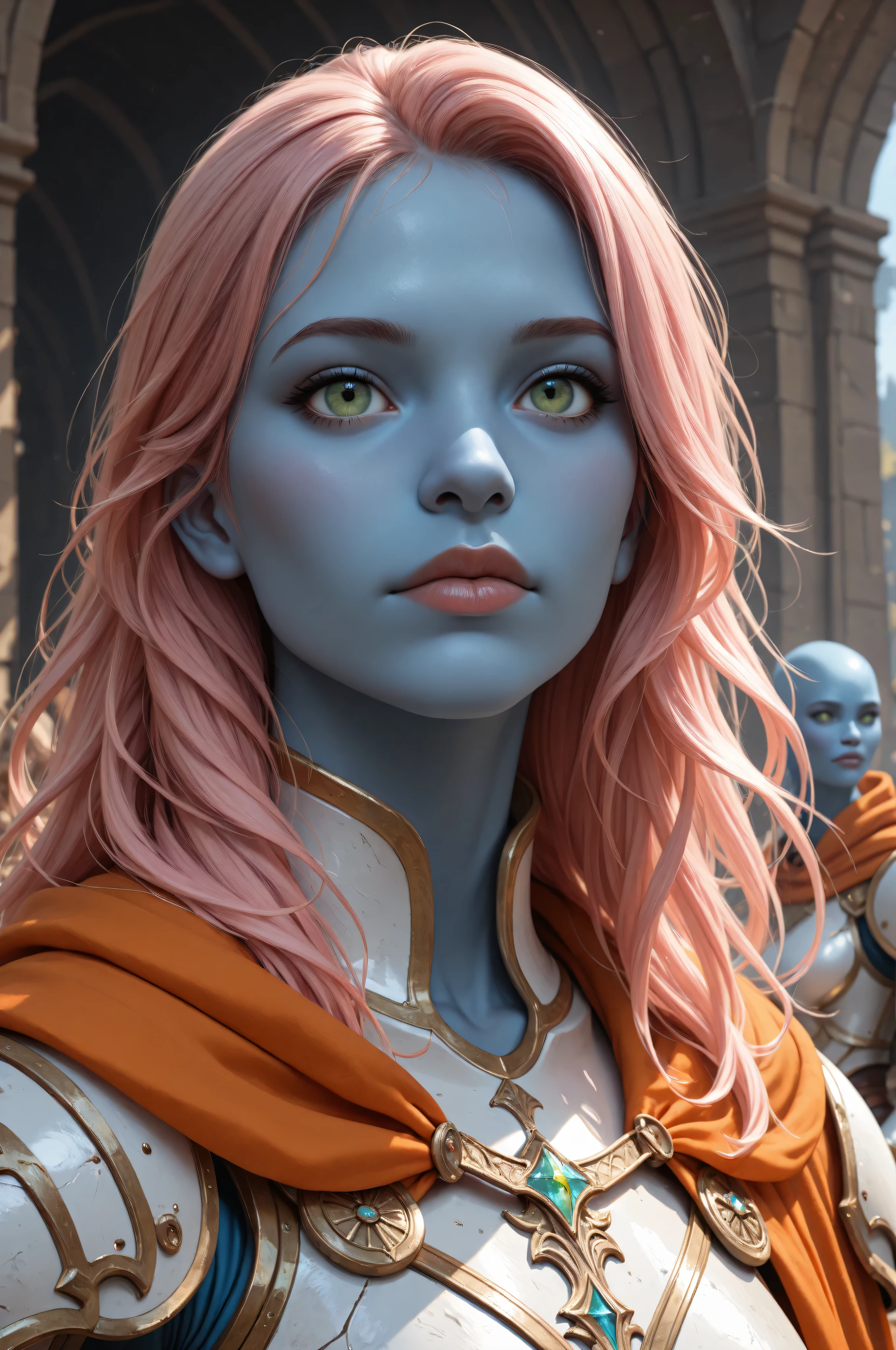 dungeon and dragon ,fantasy,Movie Still,Film Still,Cinematic,Cinematic Shot,Cinematic Lighting,fantasy portrait  art, dnd art, RPG art, wide shot, (masterpiece: 1.4) intense details, highly detailed, photorealistic, best quality, highres, portrait a female (fantasy art, Masterpiece, best quality: 1.3) ((blue skin: 1.5)), intense details facial details, exquisite beauty, (fantasy art, Masterpiece, best quality) cleric, (blue skinned: 1.3) female, (pink hair: 1.3), long hair, ((no ears: 1.5)), (green eyes: 1.3), casting yellow radiant spell, wearing heavy (white armor: 1.3), wearing high heeled boots, wearing an (orange cloak:1.3), wearing glowing holy symbol, within fantasy temple background, reflection light, high details, best quality, 16k, [ultra detailed], masterpiece, best quality, (extremely detailed), close up, ultra wide shot, photorealistic, RAW, fantasy art, dnd art, fantasy art, realistic art,((best quality)), ((masterpiece)), (detailed), perfect face, 