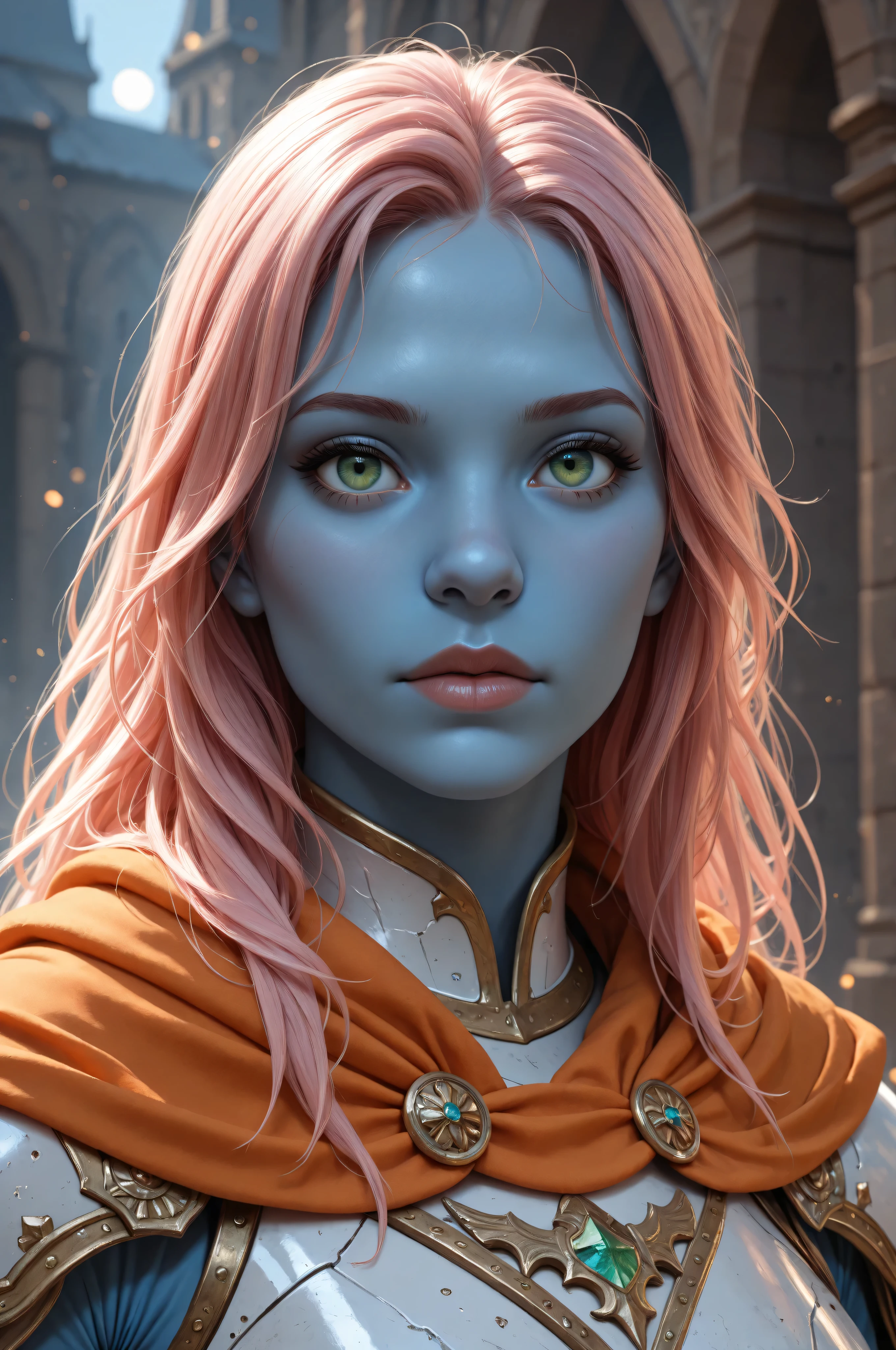 dungeon and dragon ,fantasy,Movie Still,Film Still,Cinematic,Cinematic Shot,Cinematic Lighting,fantasy portrait  art, dnd art, RPG art, wide shot, (masterpiece: 1.4) intense details, highly detailed, photorealistic, best quality, highres, portrait a female (fantasy art, Masterpiece, best quality: 1.3) ((blue skin: 1.5)), intense details facial details, exquisite beauty, (fantasy art, Masterpiece, best quality) cleric, (blue skinned: 1.3) female, (pink hair: 1.3), long hair, ((no ears: 1.5)), (green eyes: 1.3), casting yellow radiant spell, wearing heavy (white armor: 1.3), wearing high heeled boots, wearing an (orange cloak:1.3), wearing glowing holy symbol, within fantasy temple background, reflection light, high details, best quality, 16k, [ultra detailed], masterpiece, best quality, (extremely detailed), close up, ultra wide shot, photorealistic, RAW, fantasy art, dnd art, fantasy art, realistic art,((best quality)), ((masterpiece)), (detailed), perfect face, 