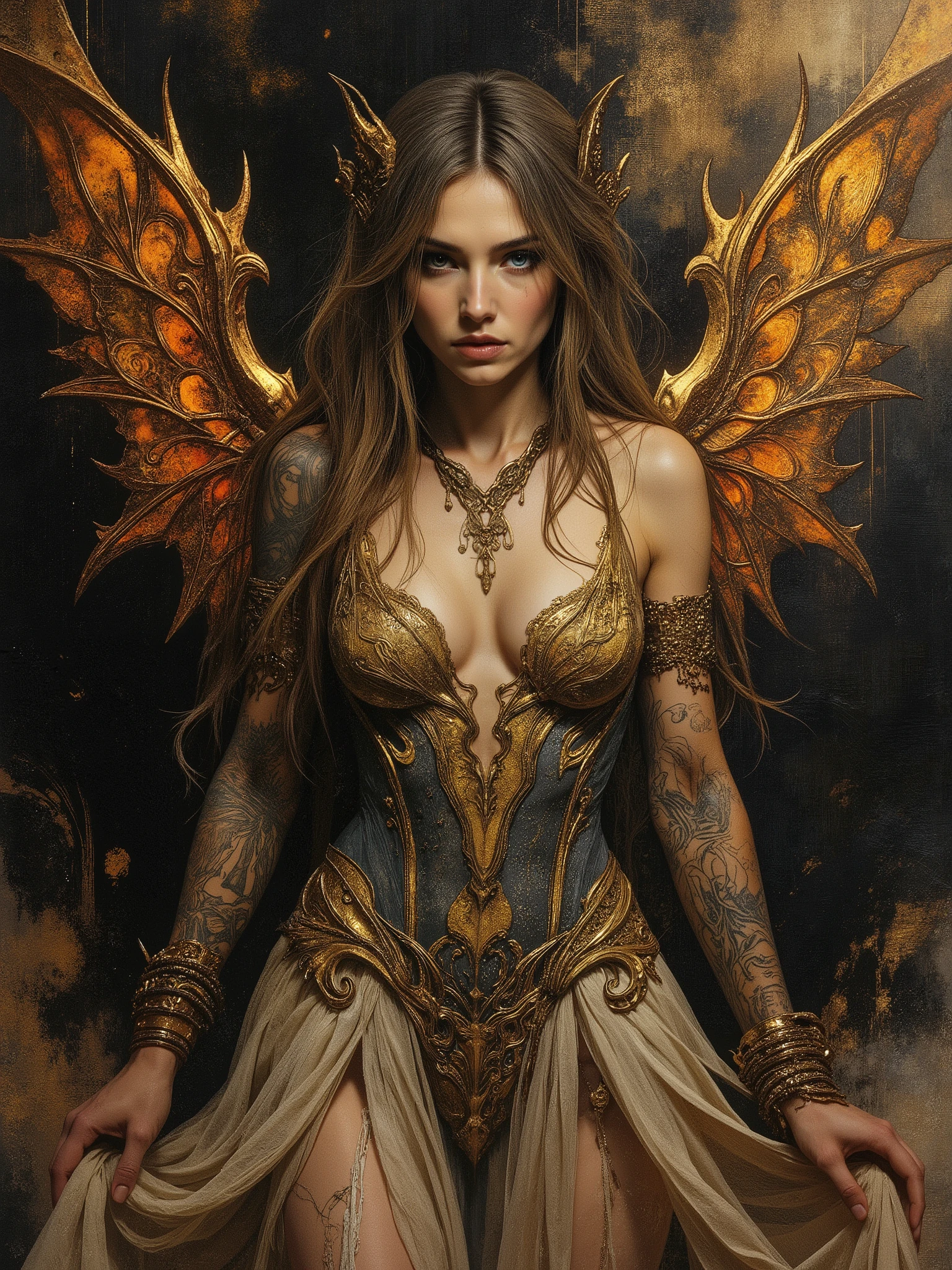 I want to create a tableau dedicated to portraying Lilith, queen of demons, first wife of Adam, first succubus. masterpiece. best quality. Full body shot, Aesthetic pose, artistic background abstract, infernal. Hellscspe in vivid dark brown and white colors, perfect anatomy, light brown skin, blue and brown hair and radiant malevolent eyes, see thru gold shift covers her large bosom and waist, beautiful cinematic impressionistic painting, dark dramatic character, tattoos of demonic script all over body, sinister beauty, shapely tall figure, curvy lush body, young looking 20 year old demon queen dark circles under eyes, surrounded by white flames that protect her,vein the style of jeremy mann and charles dana gibson, mark demsteader, paul hedleyw