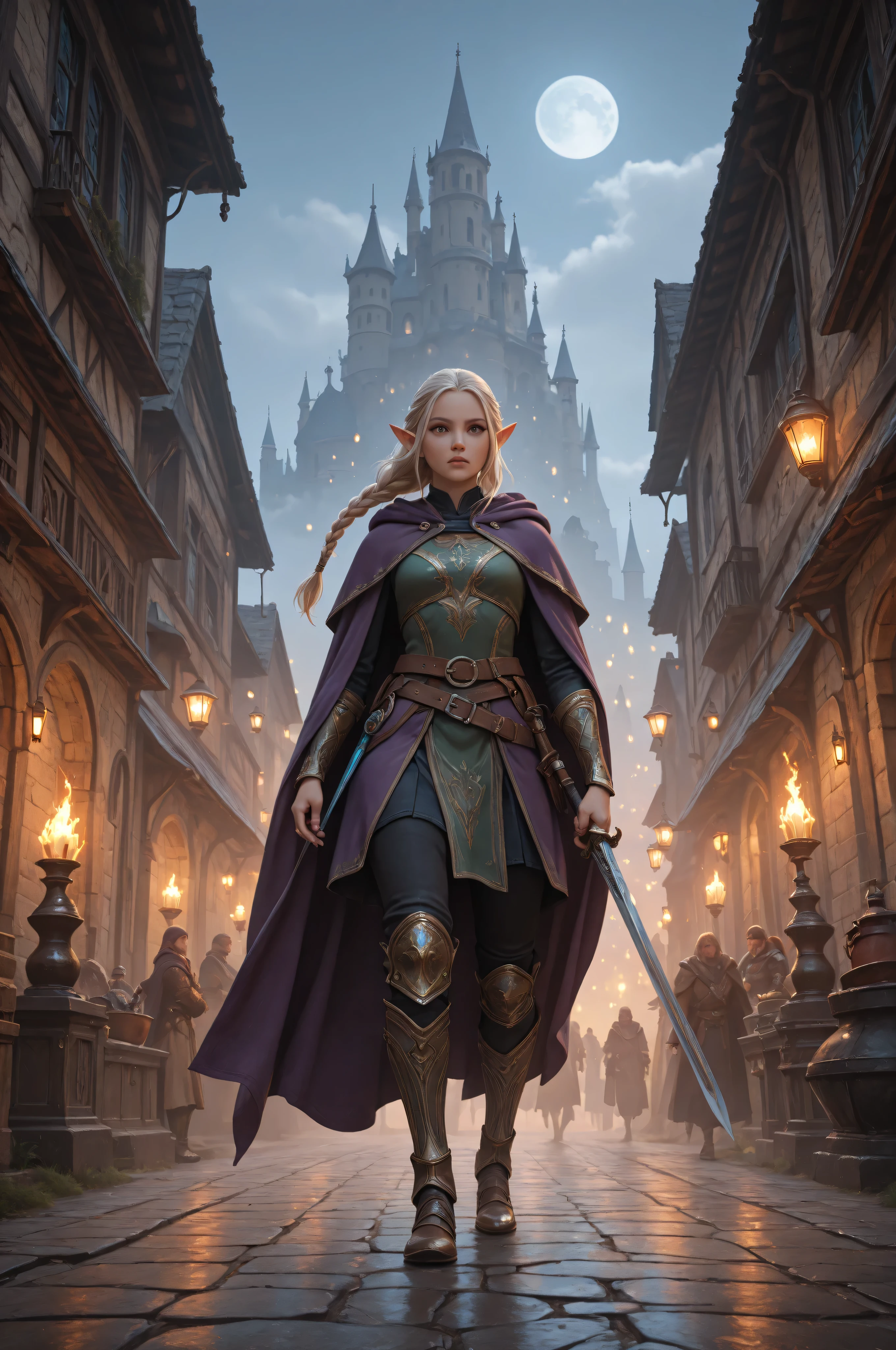 dungeon and dragon ,fantasy,Movie Still,Film Still,Cinematic,Cinematic Shot,Cinematic Lighting,a picture of a female elf (intense details, Masterpiece, best quality) fantasy swashbuckler, fantasy fencer, armed with a slim sword, shinning sword, metallic shine, colorful clothes, dynamic clothing, an ultra wide shot, full body (intense details, Masterpiece, best quality)epic beautiful female elf (intense details, Masterpiece, best quality), rich hair, braided hair, small pointed ears, action shot, GlowingRunesAI_red , colorful magical sigils in the air, colorful arcane markings floating,  holding a sword (intricate details, Masterpiece, best quality), fantasy urban street (intense details, Masterpiece, best quality),  purple cloak, long cloak (intense details, Masterpiece, best quality), sense of daring, sense of adventure,  high details, best quality, 8k, [ultra detailed], masterpiece, best quality, (extremely detailed), dynamic angle, ultra wide shot, photorealistic, RAW, fantasy art, dnd art,fantasy art, realistic art, Celestial Fantasy, zavy-ctcmcs, w1n, hyp3rd3tail style