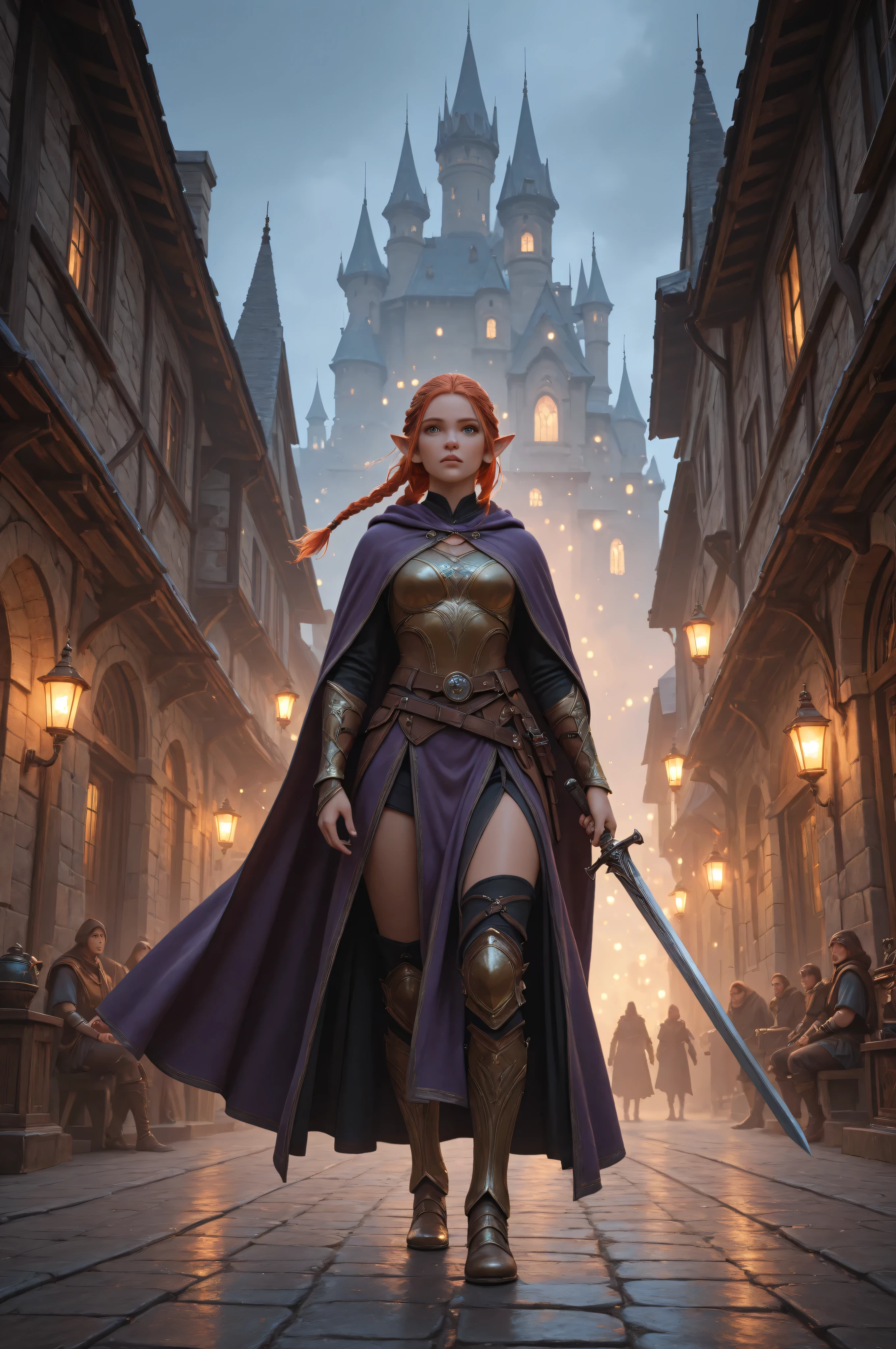 dungeon and dragon ,fantasy,Movie Still,Film Still,Cinematic,Cinematic Shot,Cinematic Lighting,a picture of a female elf (intense details, Masterpiece, best quality) fantasy swashbuckler, fantasy fencer, armed with a slim sword, shinning sword, metallic shine, colorful clothes, dynamic clothing, an ultra wide shot, full body (intense details, Masterpiece, best quality)epic beautiful female elf (intense details, Masterpiece, best quality), rich hair, braided hair, small pointed ears, action shot, GlowingRunesAI_red , colorful magical sigils in the air, colorful arcane markings floating,  holding a sword (intricate details, Masterpiece, best quality), fantasy urban street (intense details, Masterpiece, best quality),  purple cloak, long cloak (intense details, Masterpiece, best quality), sense of daring, sense of adventure,  high details, best quality, 8k, [ultra detailed], masterpiece, best quality, (extremely detailed), dynamic angle, ultra wide shot, photorealistic, RAW, fantasy art, dnd art,fantasy art, realistic art, Celestial Fantasy, zavy-ctcmcs, w1n, hyp3rd3tail style