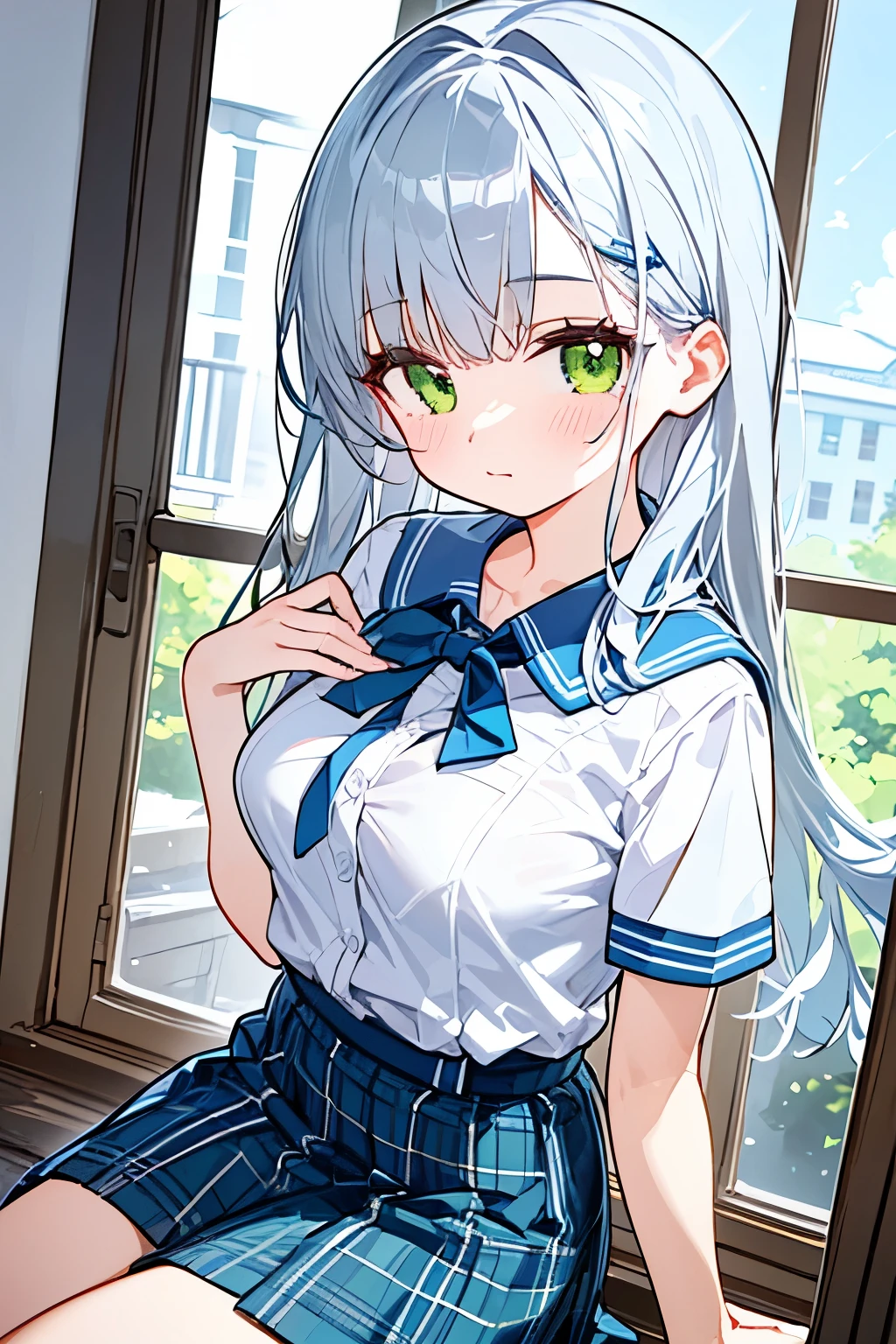 Western Beauties,One person,masterpiece,moving illustration of supporting clothes with breasts, natural body,straight hair, Blue x silver hair,(clear x green eyes),A beautiful face,healthy-looking skin、(Short sleeve+Overseas School Uniforms ),(Plaid x skirt),river,Nice personality,(best angle),style is good,(My uniform hangs over my breasts)、