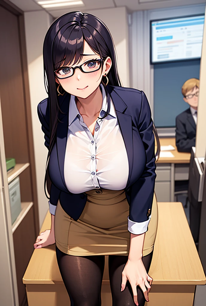 score_9, score_8_up, score_7_up,score_6_up  source_anime,   1girl,(huge breasts:1.2), leaning forward,smirk,half-closed eyes,thick thighs,wide hips,indoors,office
smtisu,  long hair, sunglasses, pantyhose, pencil skirt, wide hips, black hair, skirt suit, black eyes, miniskirt, necktie between breasts,  side slit,  business suit, black pencil skirt, black jacket, white shirt,, buttons, forehead, hair intakes ,unworn eyewear, <lora:ms. smith-monster mus-koto-PonyXL :1>