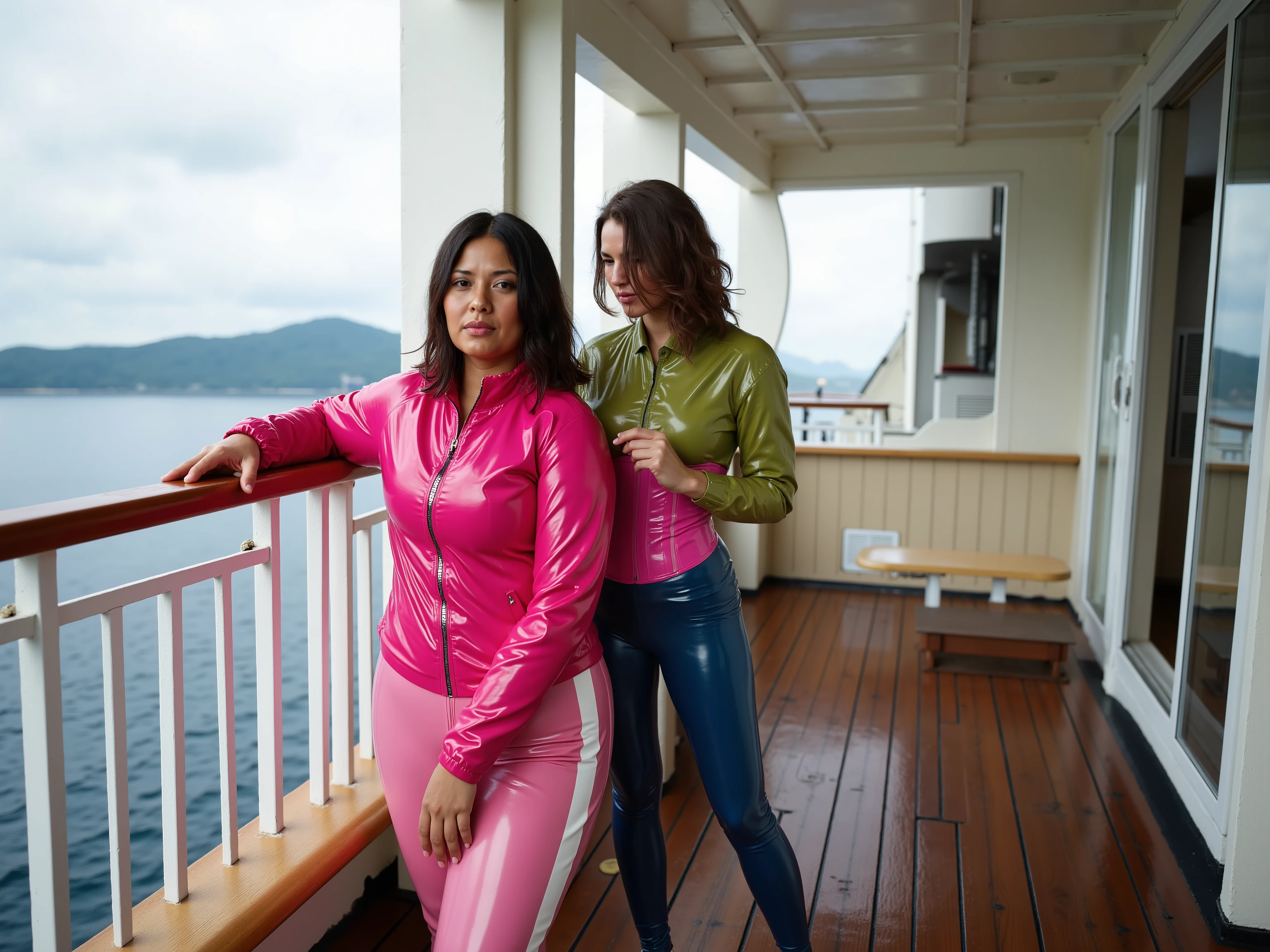 a wide angle image of a 36 year old fat asian woman with dark skin standing on the main deck of a cruise ship with black wood decking, the ship is sailing past a mountain island, the woman wears a pink shiny Colmar1260 jacket with a white stripe, she wears pink and white striped latex pants, she stands next to a 34 year old thin woman who is short and with brown medium length hair, the woman wears a green latex shirt and blue latex pants with a tight pink corset