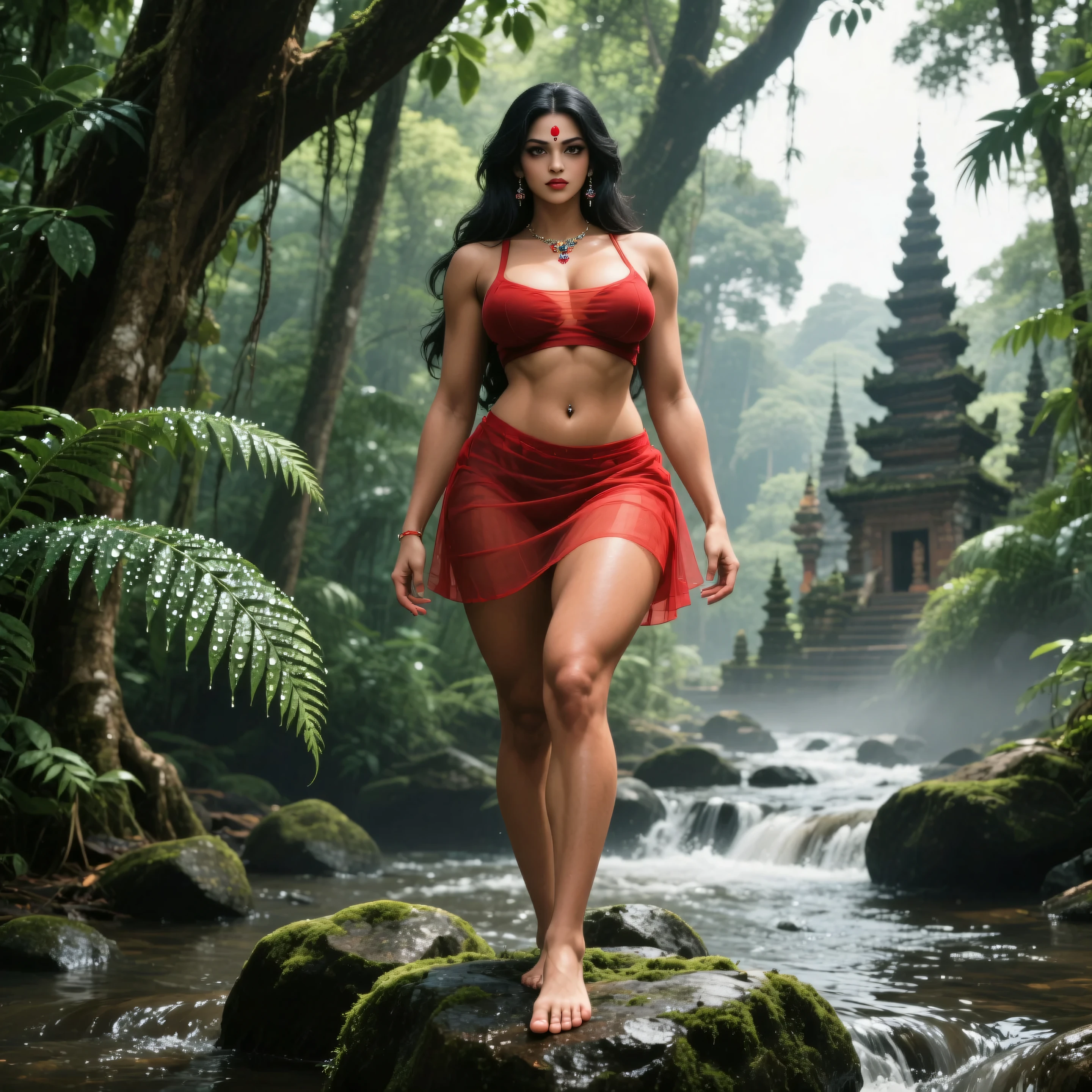 Curvy body,g1r1j4 04k,Parvati Devi standing barefoot on moss-slicked river stones in a Malaysian Penang temple forest, her voluptuous athletically sculpted form draped in a sheer crimson short skirt revealing powerful thighs and the deep curve of her waist before flaring into lush hips. Her bare midriff glows with divine luminescence, the jeweled navel piercing catching sunlight filtering through ancient banyan trees as her large, heavy breasts strain against gossamer fabric with pronounced nipple outlines. Framed by waist-length black waves, her face holds large doe-eyes fringed with impossibly long lashes beneath sharp arched brows, a crimson bindi blazing between them while she gazes downstream where temple spires pierce the humid canopy. The 8K HDR photorealism renders every dewdrop on fern fronds, every muscle definition in her calves, and the cinematic mist rising from the jungle stream in hyper-detail.