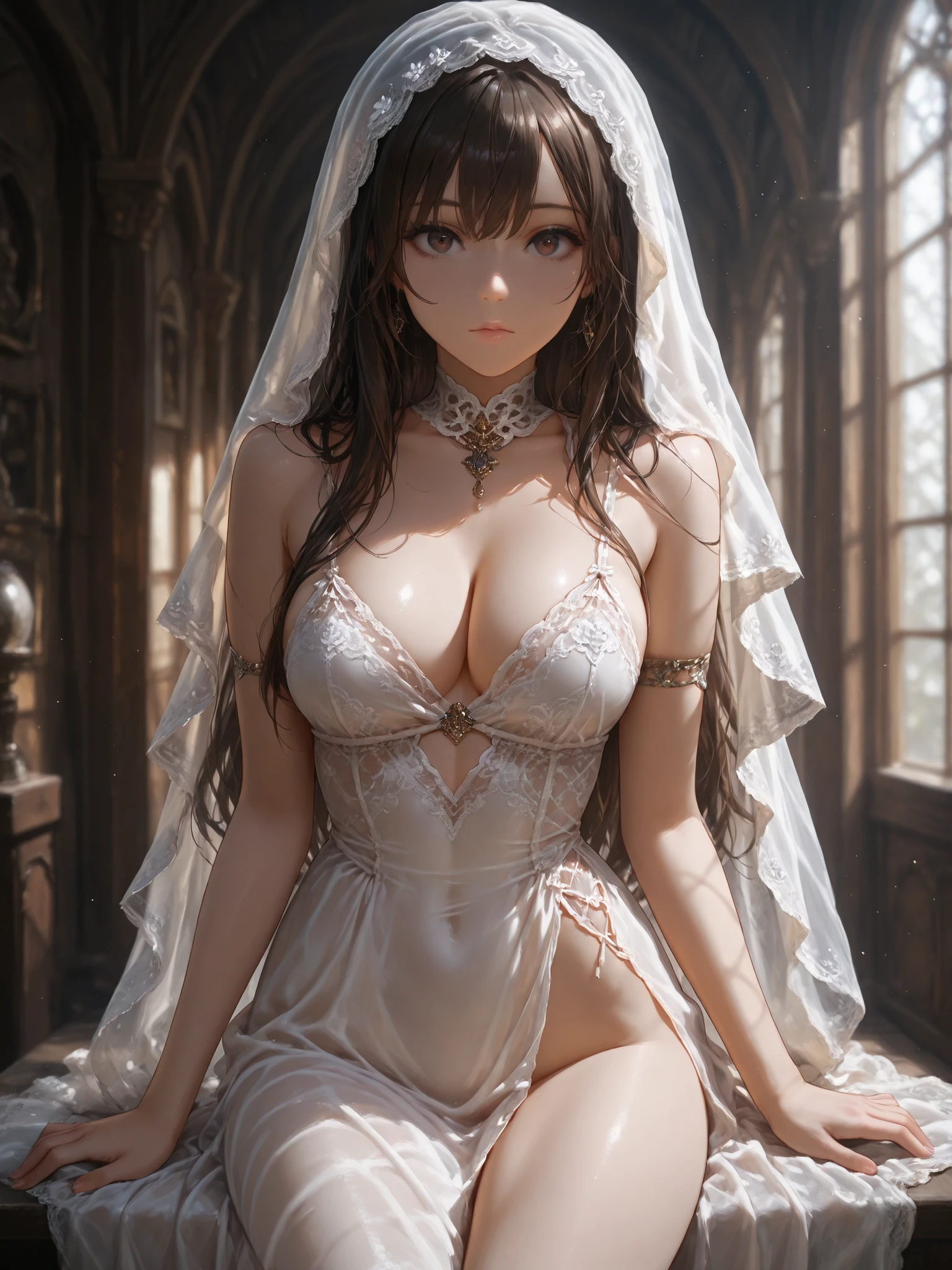 Highest Quality,masterpiece,Staring at the Viewer,soft touch,Delicate Body Curves,Realistic Human Body,wears a veil,Beautiful Dress,