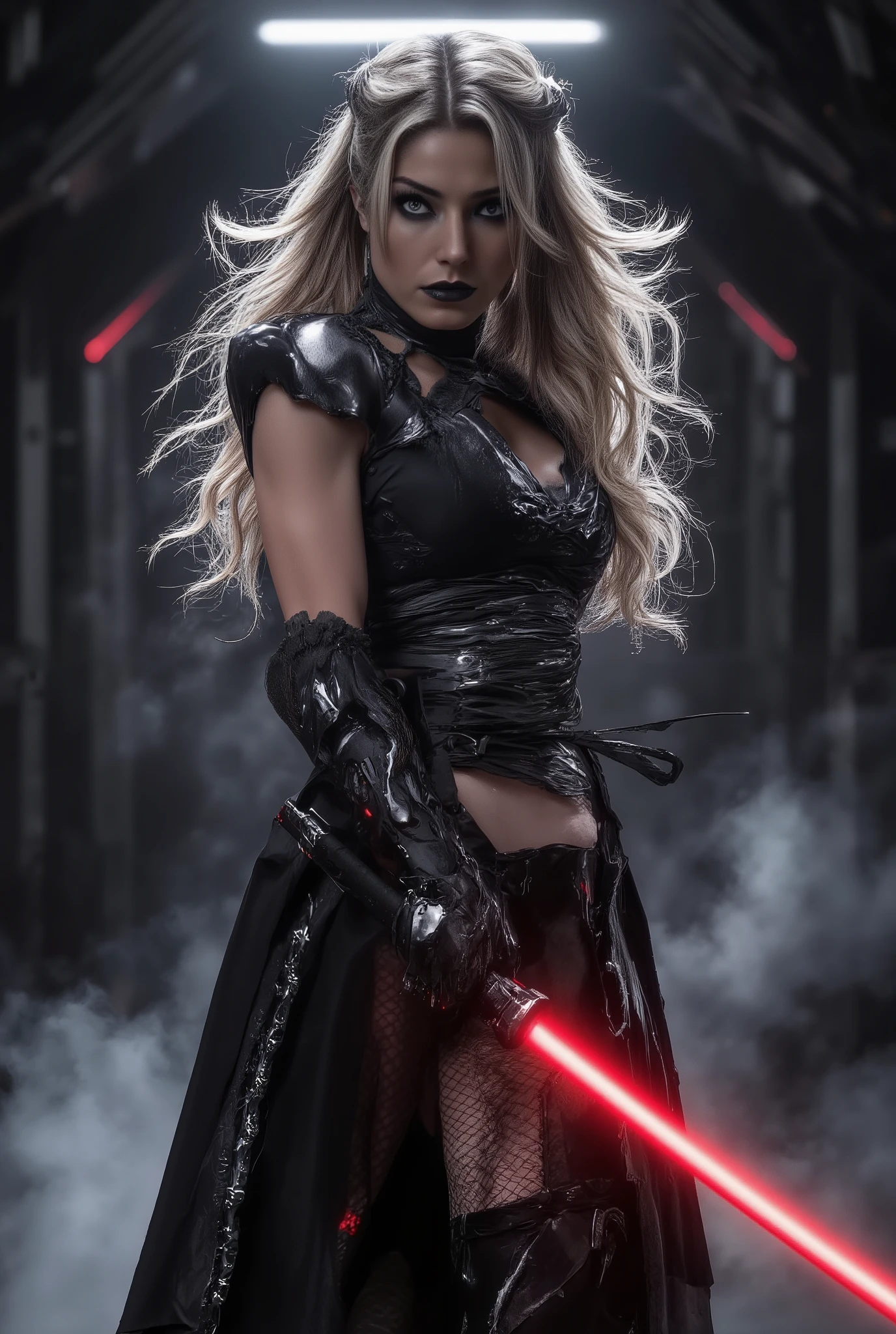 8K, HDR10+, sehr detailliert, Meisterwerk, detailed faces. dynamic battle scene of a terrifying Sith assassin, In the dark, mist-filled passages of a spaceship and keeps a red-glowing lightsaber ready for battle. Every gesture of her hand and every look reveals absolute control over her powers, makes her enemies tremble before the fight. the head slightly lowered, determined look at the viewer. her big and penetrating eyes, full intensity, convey an invincible confidence. Her face is illuminated red by the glow of her lightsaber. The long, blonde hair swirls dramatically. She is wearing a black tight-fitting battle suit, that accentuates her figure in a graceful way. one-piece with deep neckline, symmetrical hip recesses and subtle ornaments and ornaments in silver. The hip area remains completely uncovered, filigree chain decorations decorate the exposed areas, while the rest of the body is tightly wrapped, to allow freedom of movement for quick and acrobatic attacks. On the long legs black leather boots, that reaches below the knees. The background is blurred, dunkle, passages of a futuristic spaceship filled with steam and fog. Sterile, glatte, round surfaces, a gloomy red light accentuates the atmosphere. The woman stands in the light beam of a ceiling lamp, her body is perfectly lit, the rest merges in the shadow. Cineastischer Look, In the style of Rogue One with modern render quality, starke Kontraste, dynamic perspective