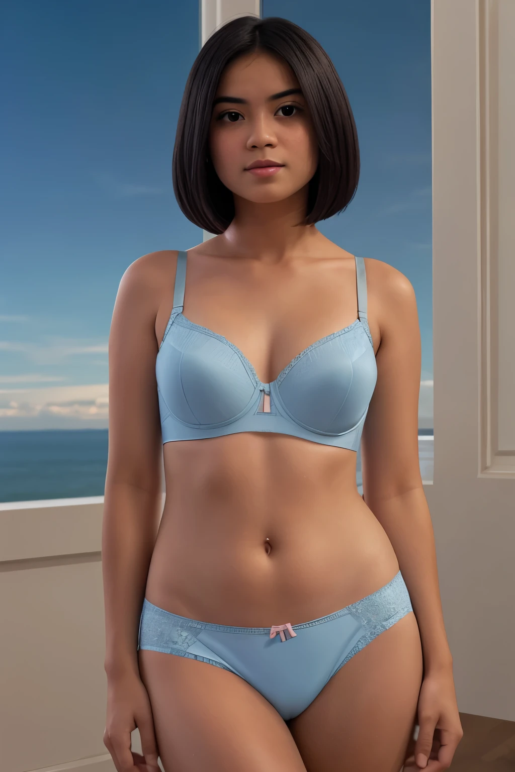 Masterpiece, photorealistic, ultra-detailed, portrait of young (Malay girl with short bob cut hair:1.2), 13yo, serene gaze, fair skin tone, skinny body, small , glowing skin, wearing (sky blue bra and matching panties:1.4), modeling posed, simple background, full body shot, photo taken by professional photographer with key light, high contrast, soft shadows, sensual, best quality, 8K, UHD