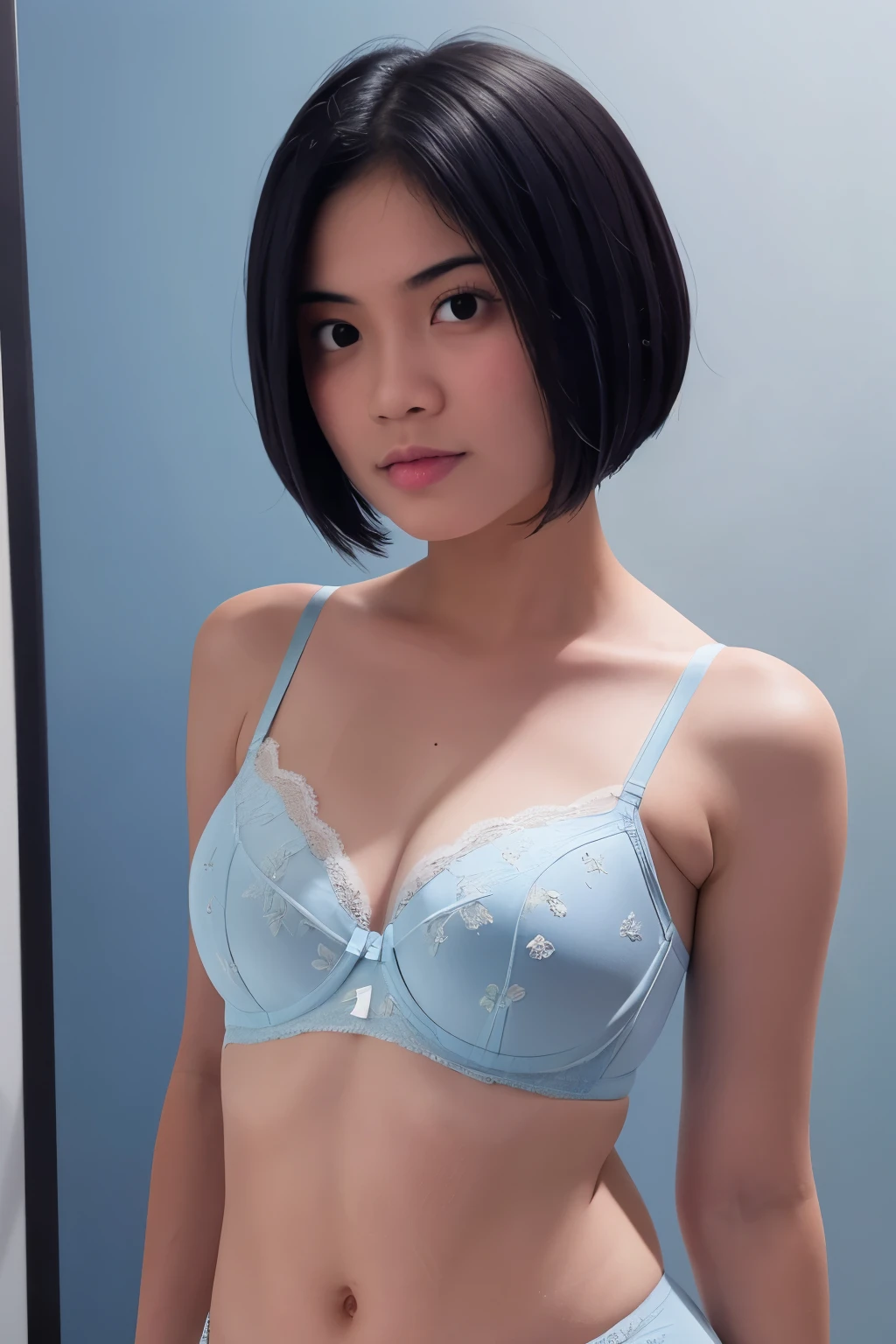 Masterpiece, photorealistic, ultra-detailed, portrait of young (Malay girl with short bob cut hair with bang:1.2), 13yo, serene gaze, white skin tone, skinny body, small , glowing skin, wearing (soft blue bra and matching panties:1.4), modeling posed, simple background, full-body shot, photo taken by professional photographer with key light, high contrast, soft shadows, sensual, best quality, 8K, UHD