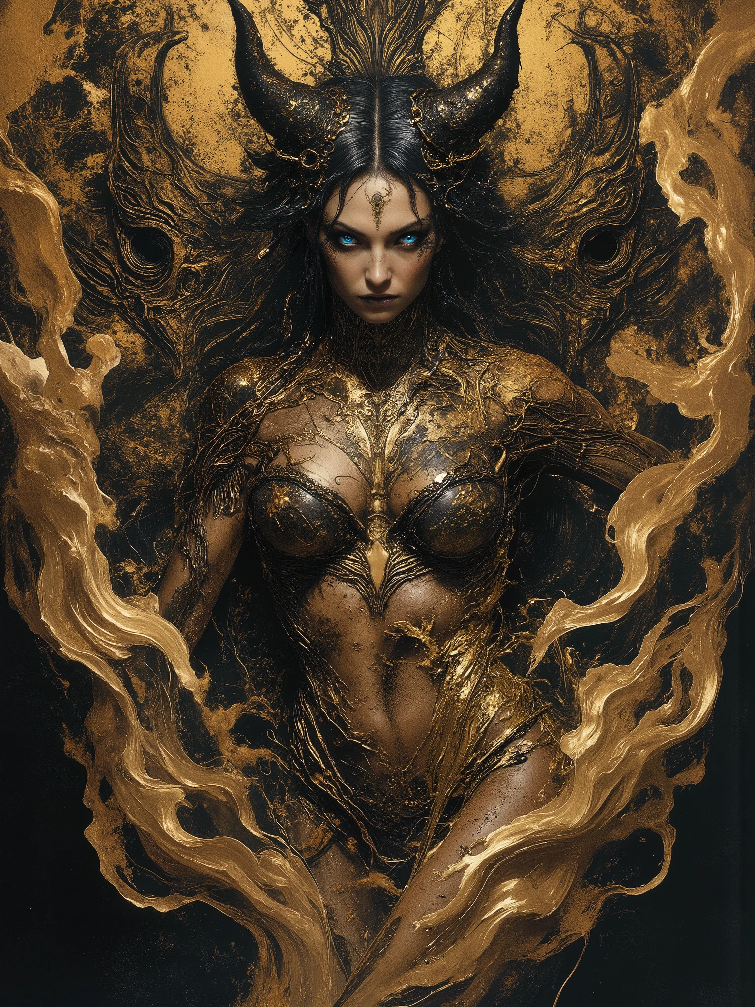 I want to create a tableau dedicated to portraying Lilith, queen of demons, first wife of Adam, first succubus. masterpiece. best quality. Full body shot, Aesthetic pose, artistic background abstract, infernal. Hellscspe in vivid dark brown and white colors, perfect anatomy, light brown skin, blue and brown hair and radiant malevolent eyes, see thru gold shift covers her large bosom and waist, beautiful cinematic impressionistic painting, dark dramatic character, tattoos of demonic script all over body, sinister beauty, shapely tall figure, curvy lush body, young looking 20 year old demon queen dark circles under eyes, surrounded by white flames that protect her,vein the style of jeremy mann and charles dana gibson, mark demsteader, paul hedleyw