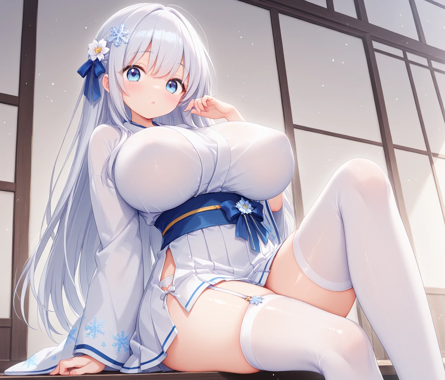 (obra maestra, mejor calidad, ultra detallado, ILLUSTRATION),(masterpiece, best quality, ultra-detailed, illustration),genshin impact, kamisato, 1girl,hair bow,hair ribbon,cowboy shot,ponytail, blunt bangs,blue eyes, smile,breasts, cleavage, closed mouth, eyebrows visible through hair, long hair, silver hair, looking away, indoors,solo,medium breasts,completely , , , sitting, pale skin, , (anime coloring:1.2)