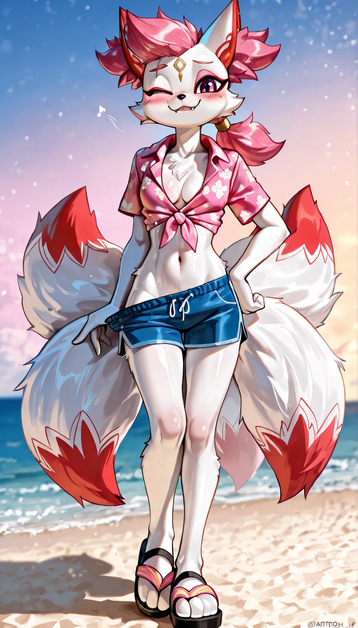 score_9,score_8_up,score_7_up, source_cartoon, source_furry, thick outline, anthropomorphic, countershading, kimiko five tails, furry female anthro, fox girl, white body fur, Pink hair, ((pink hawaiian shirt, short sleeves, collared shirt, tied shirt, midriff, cleavage, blue shorts, sandals)), small breasts, detailed body fur, detailed body, detailed face, detailed eyes, glistering body, shiny body, skinny, :3, multiple tails, multi tail, solo, body fur, (best quality), cinematic lighting, looking at viewer, anime style, short ponytail, scar on face, 2D, fang, navel, small breasts, beach on background, standing, full body, feets with three toes, looking at you, epic portrait, smile, blush, presenting front, sensual pose, tonned body, thin body, short body, big head, partial nude, striptease, striptease act, undressing act, undressing by self, unfastened shorts, one shoulder off, sexy, shy stance, detailed fluffy, one hand own hip, wink, one eye closed,