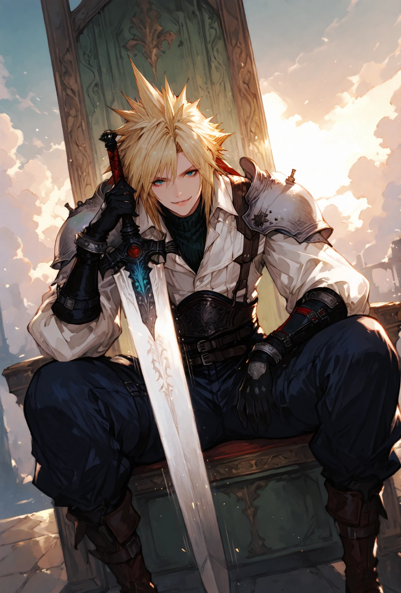 (score_9,score_8_up,score_7_up),((MAN, 1 MAN, CLOUD STRIFFE , FINAL FANTASY VII, CLOUD full SOLDIER clothers, WITH A SWORD SITTING IN A THRONE,), ,,extremely detailed,dynamic lighting,best quality,,,best quality,high quality,, , dynamic angle, , thick thighs, motion lines,, , solo, perfect eyes,,DETAIL,MASTERPIECE,,Expressiveh, ultra detailed,,,,very detailed,extremely detailed,dynamic lighting,best quality,(score_9,score_8_up,score_7_up), CLOUD, FINAL FANTASY VII, BLUE eyes, BLONDE SPIKY hair, , BADASS SITTING POSE,ATLETICH BODY TYPE,,extremely detailed,dynamic lighting,best quality,pale skin,evil smile,, sleeve, BLACK GLOVES