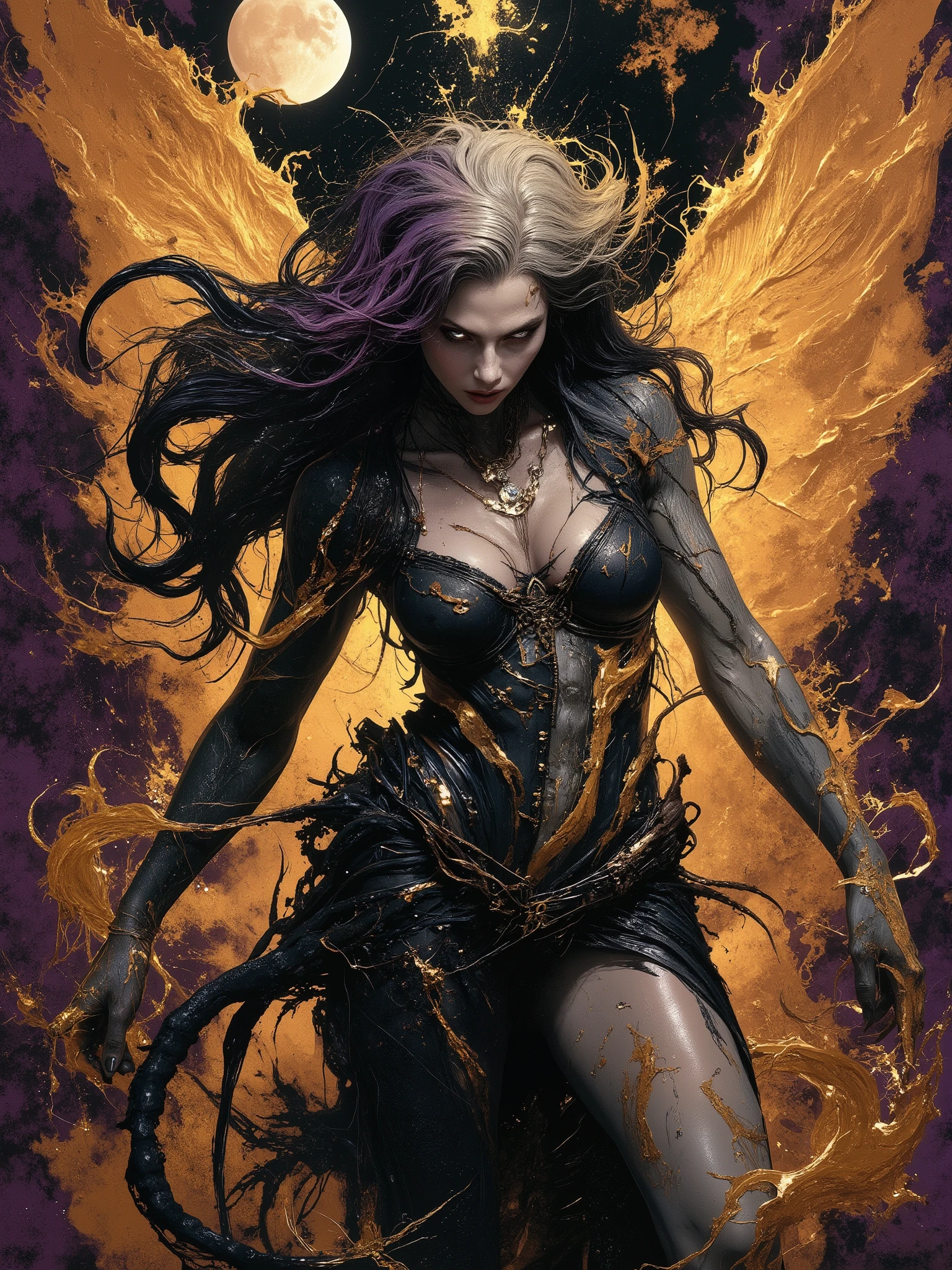 I want to create a tableau dedicated to portraying Lilith, queen of demons, first wife of Adam, first succubus. masterpiece. best quality. Full body shot, Aesthetic pose, artistic background abstract, infernal. Hellscspe in vivid dark brown and white colors, perfect anatomy, light brown skin, blue and brown hair and radiant malevolent eyes, see thru gold shift covers her large bosom and waist, beautiful cinematic impressionistic painting, dark dramatic character, tattoos of demonic script all over body, sinister beauty, shapely tall figure, curvy lush body, young looking 20 year old demon queen dark circles under eyes, surrounded by white flames that protect her,vein the style of jeremy mann and charles dana gibson, mark demsteader, paul hedleyw