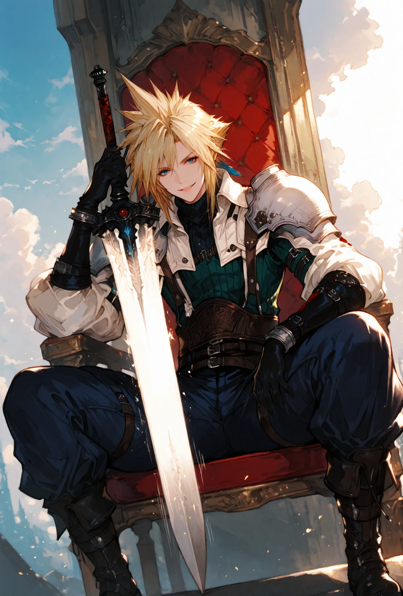 (score_9,score_8_up,score_7_up),((MAN, 1 MAN, CLOUD STRIFFE , FINAL FANTASY VII, CLOUD full SOLDIER clothers, WITH A  SWORD SITTING IN A THRONE,), ,,extremely detailed,dynamic lighting,best quality,,,best quality,high quality,, , dynamic angle, , thick thighs, motion lines,, , solo, perfect eyes,,DETAIL,MASTERPIECE,,Expressiveh, ultra detailed,,,,very detailed,extremely detailed,dynamic lighting,best quality,(score_9,score_8_up,score_7_up), CLOUD, FINAL FANTASY VII, BLUE eyes, BLONDE SPIKY hair, , BADASS SITTING POSE,ATLETICH BODY TYPE,,extremely detailed,dynamic lighting,best quality,pale skin,evil smile,, sleeve, BLACK GLOVES