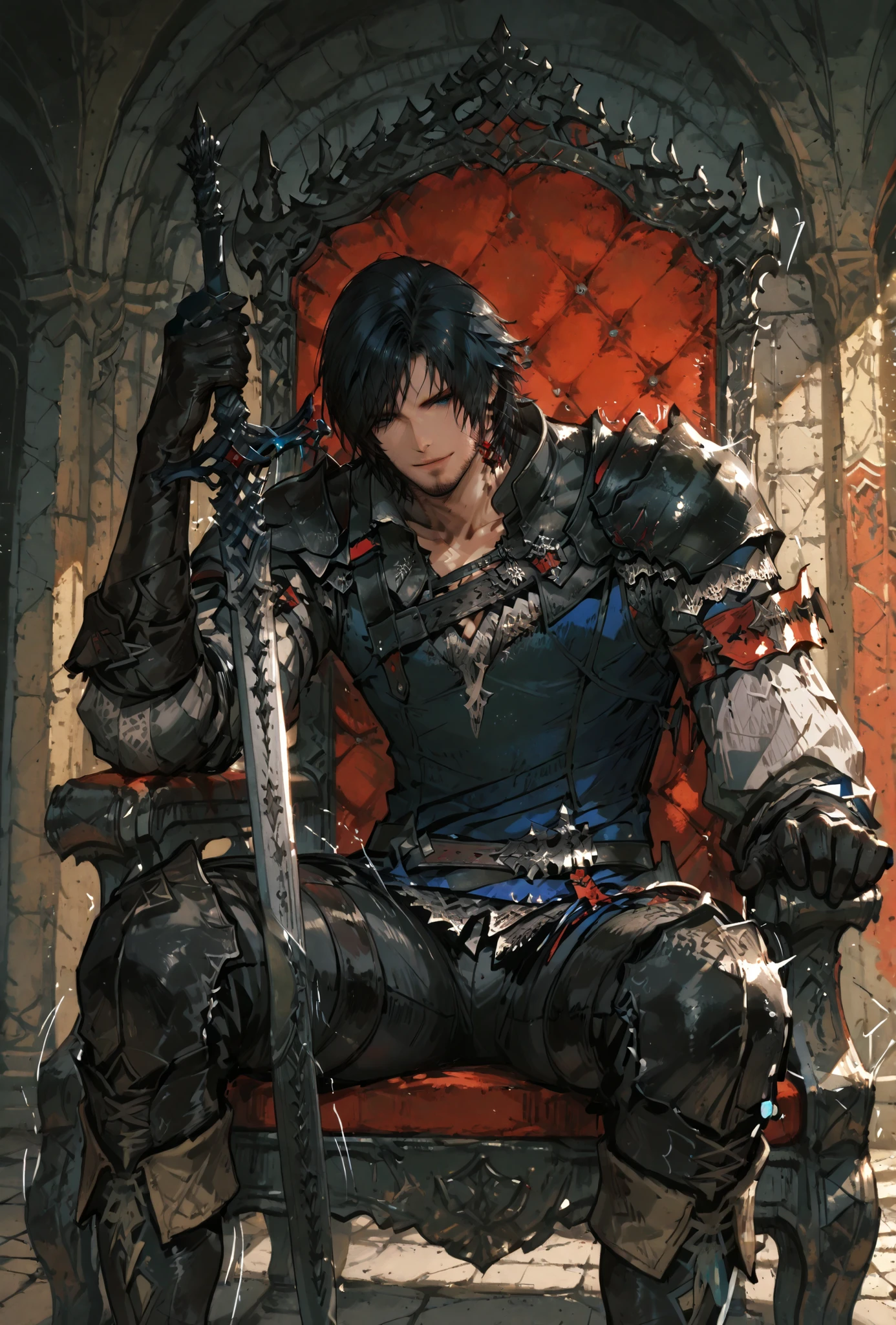 (score_9,score_8_up,score_7_up),((MAN, 1 MAN, CLIVE, FINAL FANTASY XVI, CLIVE full clothers, WITH SWORD, SITTING IN A THRONE, LIGHT MUSCLE,muscle BODY TYPE,)), ,,extremely detailed,dynamic lighting,best quality,,,best quality,high quality,, , dynamic angle, , thick thighs, motion lines,, , solo, perfect eyes,,DETAIL,MASTERPIECE,,Expressiveh, ultra detailed,,,,very detailed,extremely detailed,dynamic lighting,best quality,(score_9,score_8_up,score_7_up), clive FINAL FANTASY, blue eyes, black hair, medieval clothes,,,sexy MAN, BADASS SITTING POSE , ,LIGHT MUSCLE,ATLETICH BODY TYPE,,extremely detailed,dynamic lighting,best quality,pale skin,evil smile,, sleeve, armbands, BLACK gloves