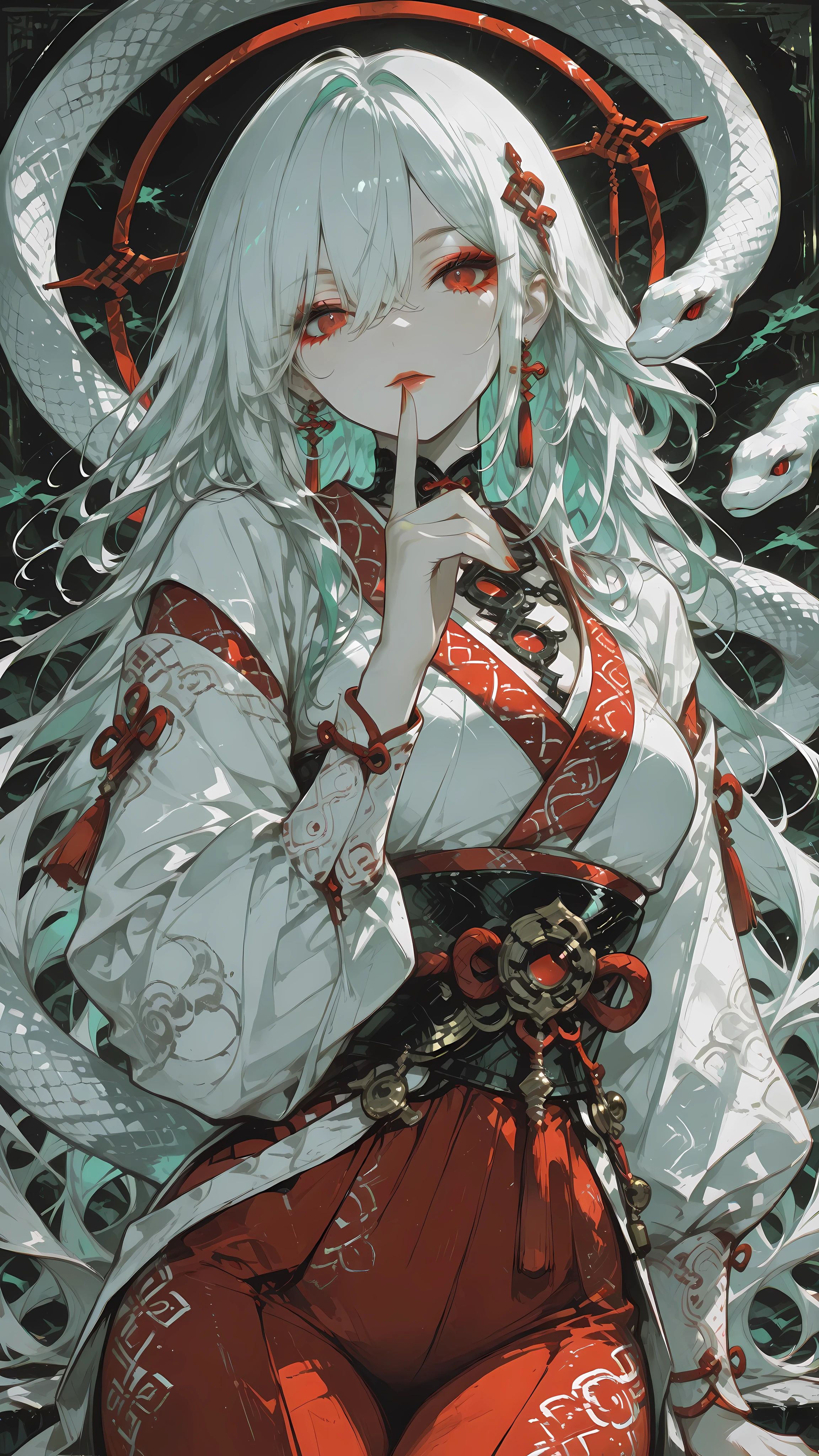 A captivating anime-style character with long, flowing white hair and striking red eyes adorned with intricate makeup. She poses elegantly, wearing a richly patterned red and white outfit, featuring ornate designs. Her right finger is gently touching her lips, suggesting a mysterious allure. A stylized snake winds around her neck, and she is framed by an imaginative background with ethereal, swirling elements, enhancing the enigmatic atmosphere. The overall color palette combines vibrant reds, greens, and blues, contributing to a mystical aesthetic.