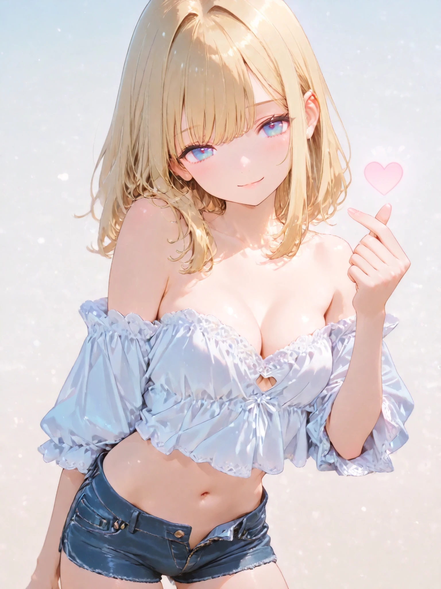 (nsfw),(uncut),score_9, score_8_up, score_7_up, score_6_up,
BREAK, petite, petite build,(medium breasts, cleavage), skinny figure,short stature,baby face,solo, long blonde hair, detailed big blue eyes, smile, mini shorts, open fly,off-the-shoulder,looking at the viewer,(slightly bent upper body, finger heart), (kyo anime style),depth of field,detailed and perfect anatomy, cowboy shot, very simple background,
