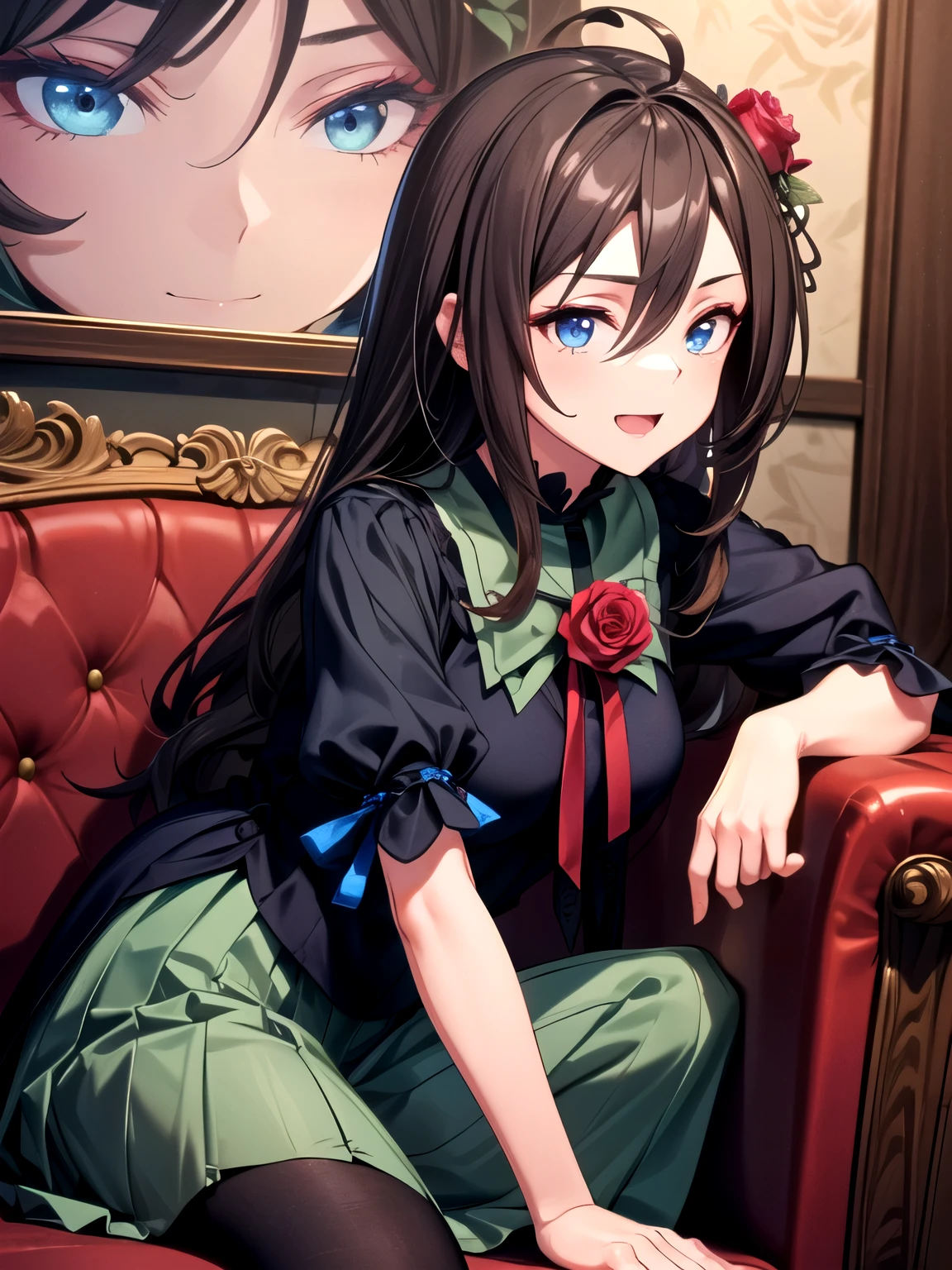 (Rozen Maiden, dark green long skirt-type tights outfit with a rose motif, roses blooming, midnight: 1.5), (blue eyes, brown hair, long wavy hair, ahoge, happy expression, cute gesture while sitting and leaning forward, hiding arms, child-making sex, vaginal ejaculation: 1.5), (3D, glass texture, upper body: 1.5), (UHD, retina, masterpiece, accurate, anatomically correct, textured skin, ultra-detailed, high detail, high quality, award-winning, highest quality, high resolution, 16K)