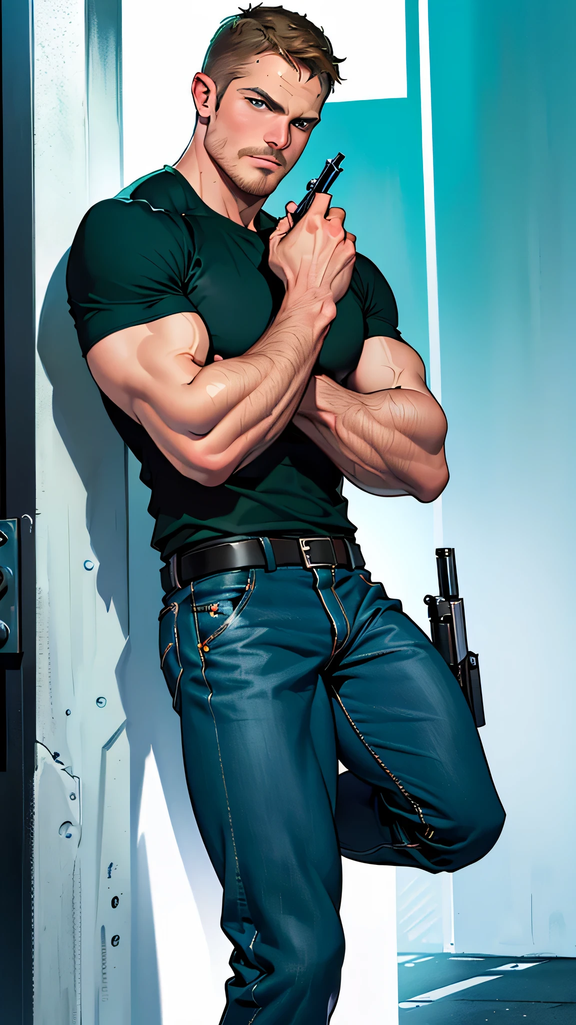 vpl,vpl,1 man, male focus solo,45 yo man, (((Stephen AMELL as private investigator))), lean muscle, open blue shirt, marine blue jeans with brown belt ,( bulge), full body shot, dark blond short hair, BLUE GREEN EYES , well groomed facial hair, (((( HANDS CROSSED , holding TWO guns IN BOTH HANDS LIKE JAMES BOND )))) (((SPREAD LEGS , VERY MANLY APPERANCE ))), ultra high quality, masterpiece, ( ever changing background, blue and white and green arabesques lines in the background)