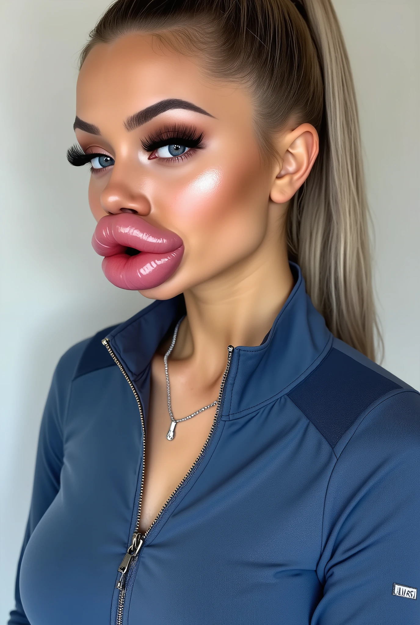 Ultra-realistic portrait of a beautiful young woman in her 20s with platinum blonde hair tied in a high ponytail. She has flawless skin, long eyelashes, and bold makeup with contour and shimmer. Her facial features are huge fake bimbo lips, glossy and overfilled, giving her a plastic-surgery-enhanced look. She is wearing a tight blue zip-up athletic top with a deep neckline that shows cleavage. The lighting is soft and even, and the background is minimal, emphasizing her face and outfit. The style is high-end influencer aesthetic, ultra-detailed, photorealistic, cinematic 8k.