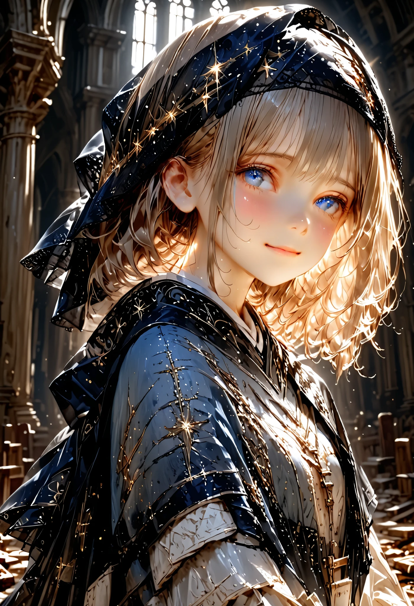 (((black veil on the head))),upper body,The delicate expression of a beautiful girl,sad expression,((Her Enchanting Gray-Blue Eyes Are Shining Like Stars)),Bust Shot,Inside a Destroyed Church,Lonely,Quiet Eyes Shining in Backlight,exquisite hair texture,Wrinkle Details on Her Dress,Soft Light and Shadow Contrast,fantastic and delicate atmosphere,Realistic and Vivid Visuals, 16k Ultra High Definition ,Realistic Texture and Luster,portrait,Cinematic Lighting,Soft Focus Effects,Professional Photography Studio Finish,brown hair,unkempt hair,Short braided hair,Neat,slender beauty,correct posture,small breasted,beautiful legs,Brilliant Colors,beautiful eyes,A delicate smile,Textured Skin,Highest Quality,gentle and beautiful woman,anime style、