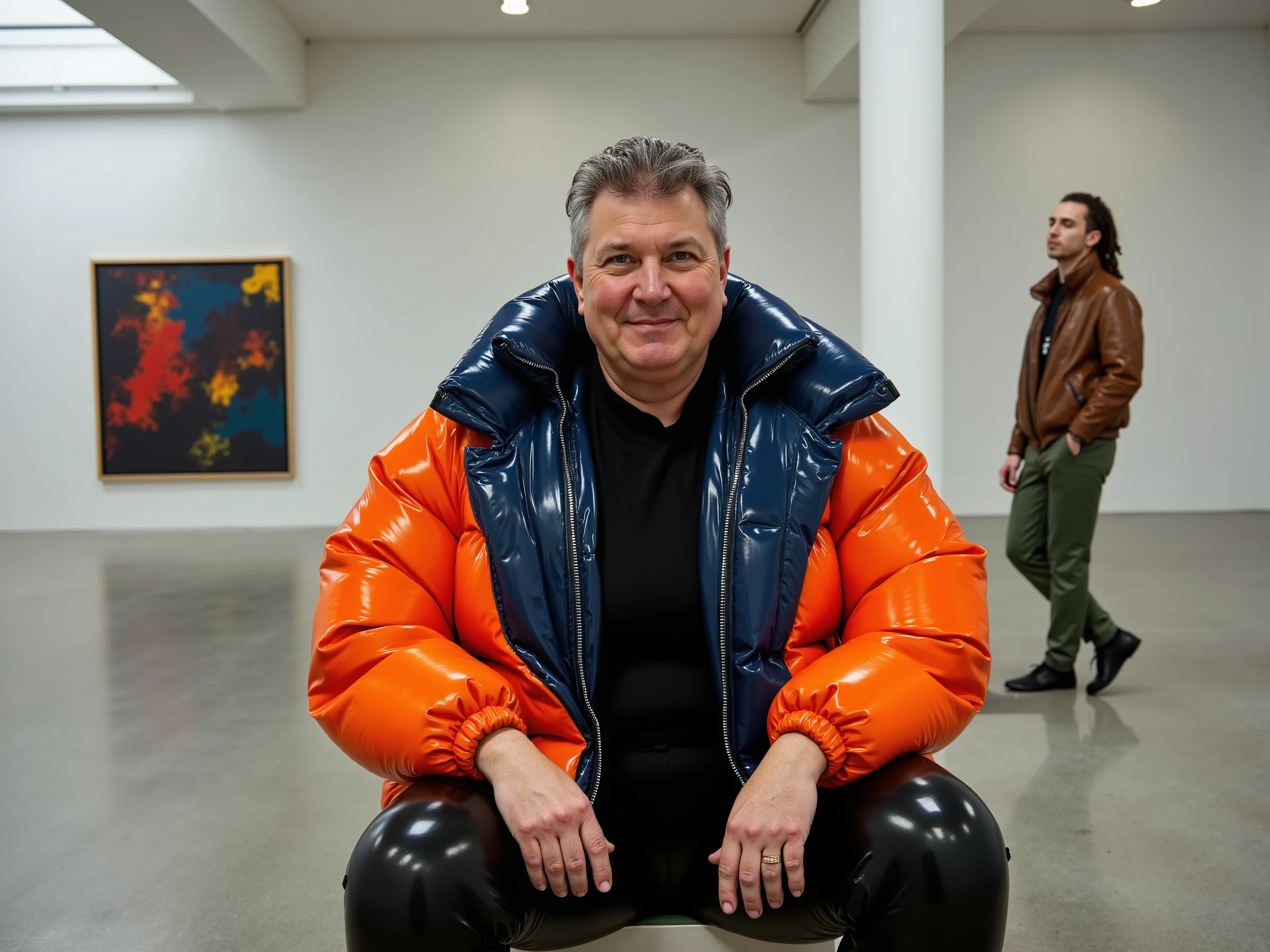 a 60 year old large woman with short grey hair and deep smile lines, her body stout and powerful, dressed in a brilliant orange and midnight blue Colmar1260 puffer coat that has a high-gloss, almost liquid sheen, the jacket is unzipped revealing a simple black top, she wears form-fitting black PVC trousers, she is sitting on a polished concrete bench inside a vast, minimalist art gallery with soaring ceilings, a single large abstract painting with splashes of vibrant color hangs on the wall behind her, nearby, a slender 40 year old man with dreadlocks leans against a pillar, wearing a distressed brown leather jacket and sleek metallic green trousers, the atmosphere is contemplative with soft, focused spotlights