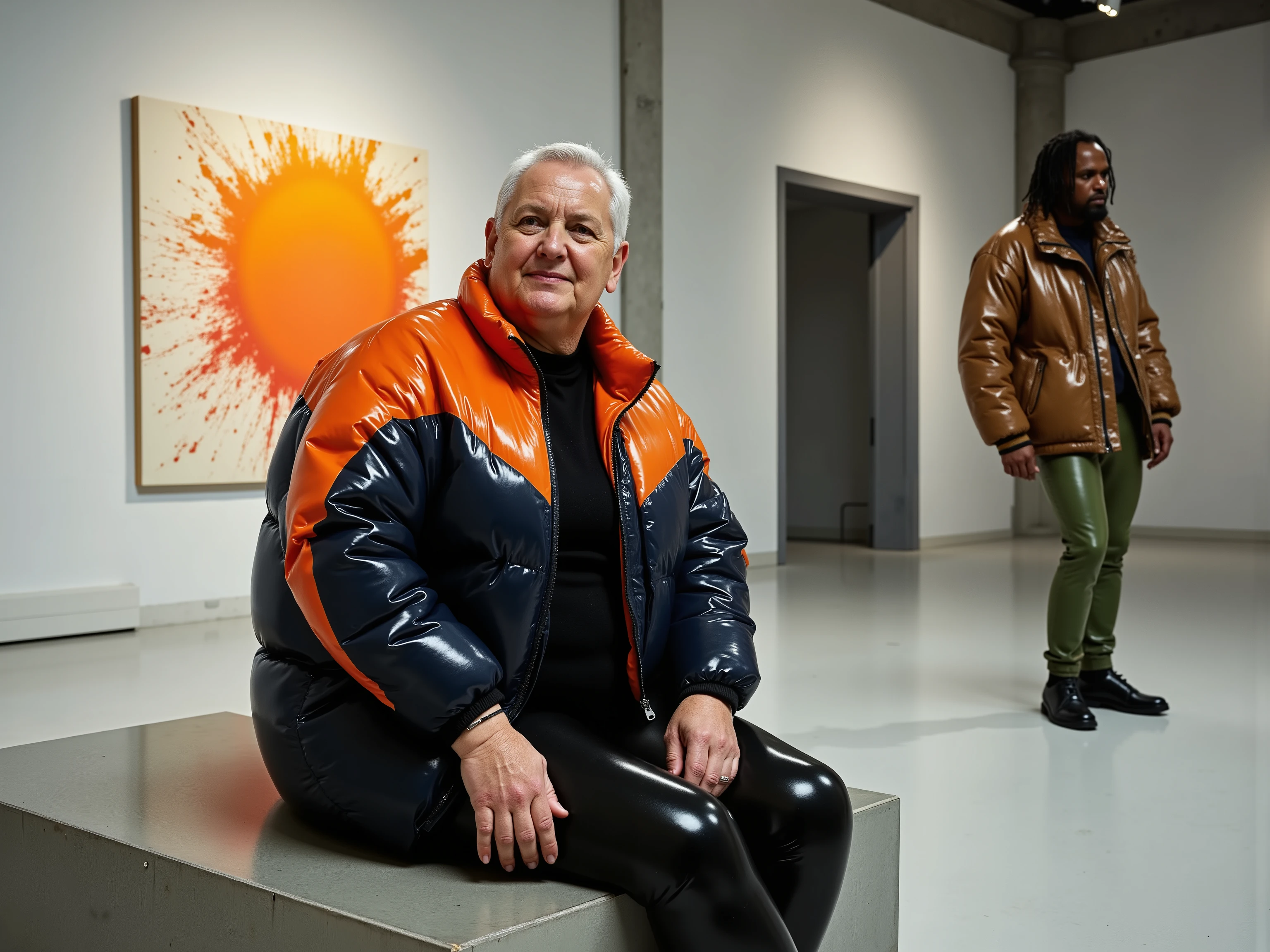 a 60 year old large woman with short grey hair and deep smile lines, her body stout and powerful, dressed in a brilliant orange and midnight blue Colmar1260 puffer coat that has a high-gloss, almost liquid sheen, the jacket is unzipped revealing a simple black top, she wears form-fitting black PVC trousers, she is sitting on a polished concrete bench inside a vast, minimalist art gallery with soaring ceilings, a single large abstract painting with splashes of vibrant color hangs on the wall behind her, nearby, a slender 40 year old man with dreadlocks leans against a pillar, wearing a distressed brown leather jacket and sleek metallic green trousers, the atmosphere is contemplative with soft, focused spotlights